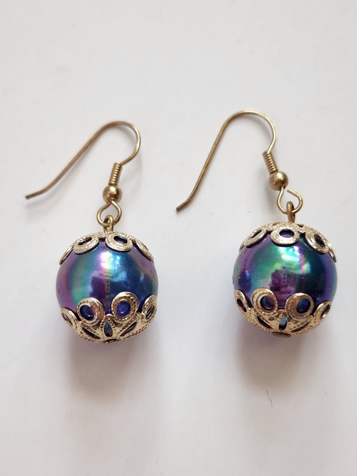 Iridescent Round Plastic Bead Gold-Tone Hook Earrings Filigree Caps