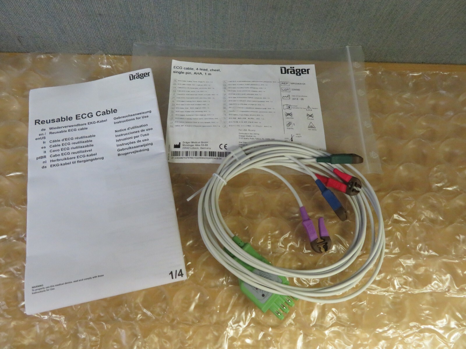 Drager MP03408-04 ECG 4-Lead Cable Chest Single-Pin AHA 1m #16667