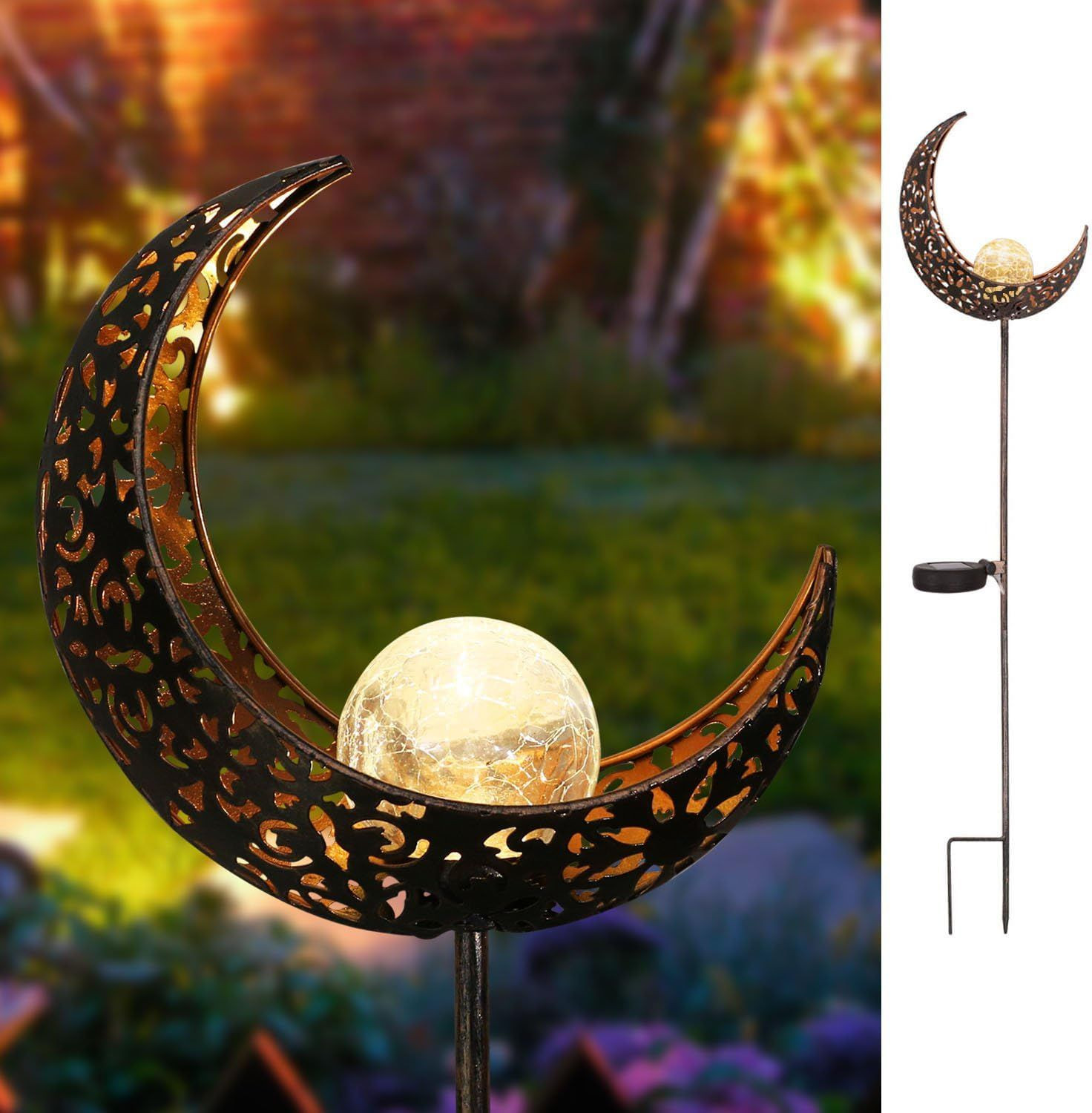 HOMEIMPRO Moon Solar Lights Outdoor Garden Stakes, Waterproof Crackle Bronze