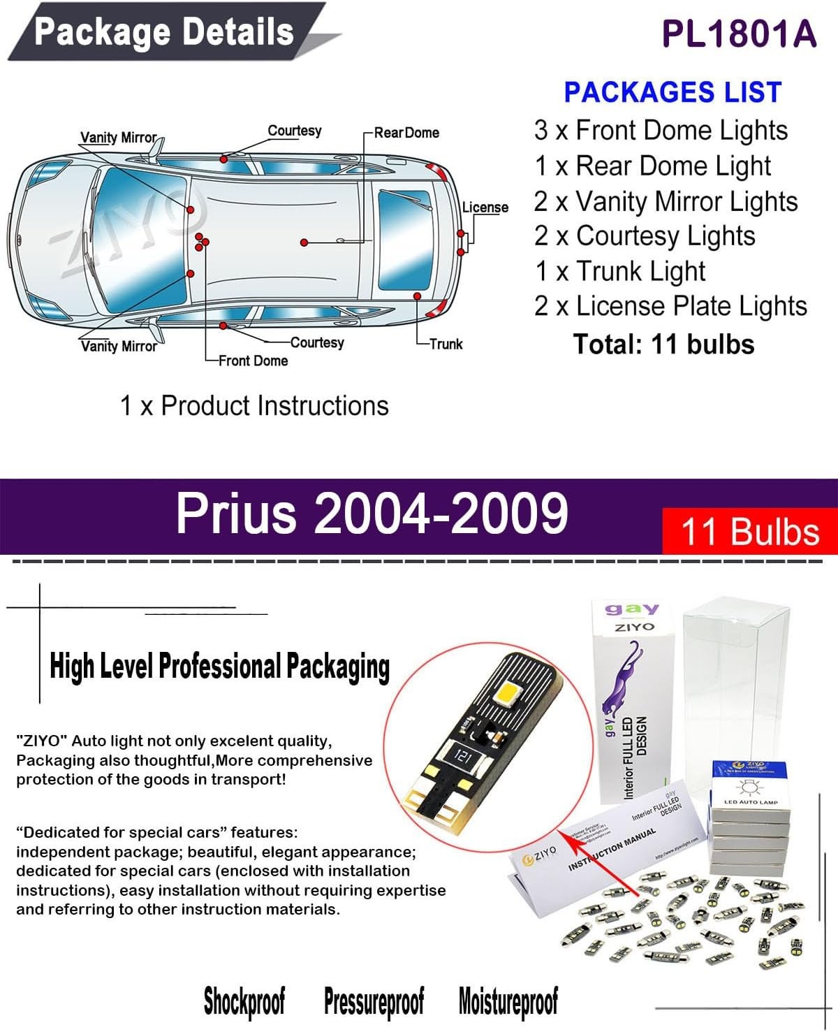 Replacement LED Interior Light kit, 6 Model: Toyota Prius 2004-2009 (11 Bulbs)