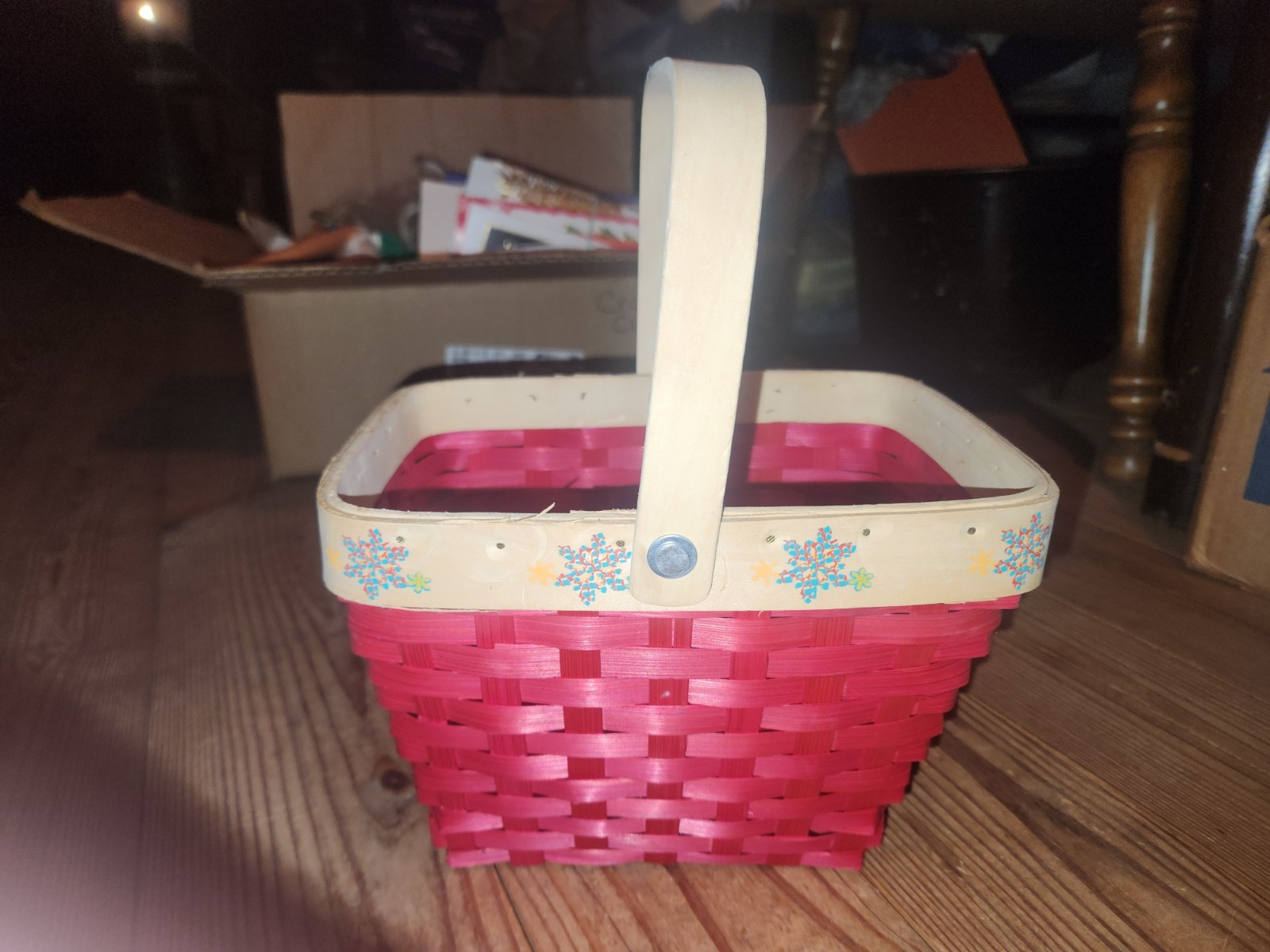 Vintage Wooden Woven Basket With Handles Design Snow Flakes Christmas, red