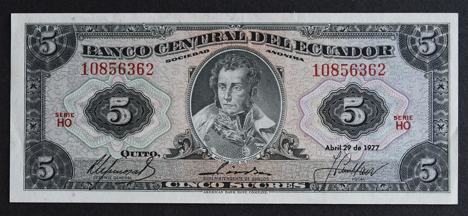 1977 Ecuador 5 Sucres Banknote P#108a S/N# 10856362