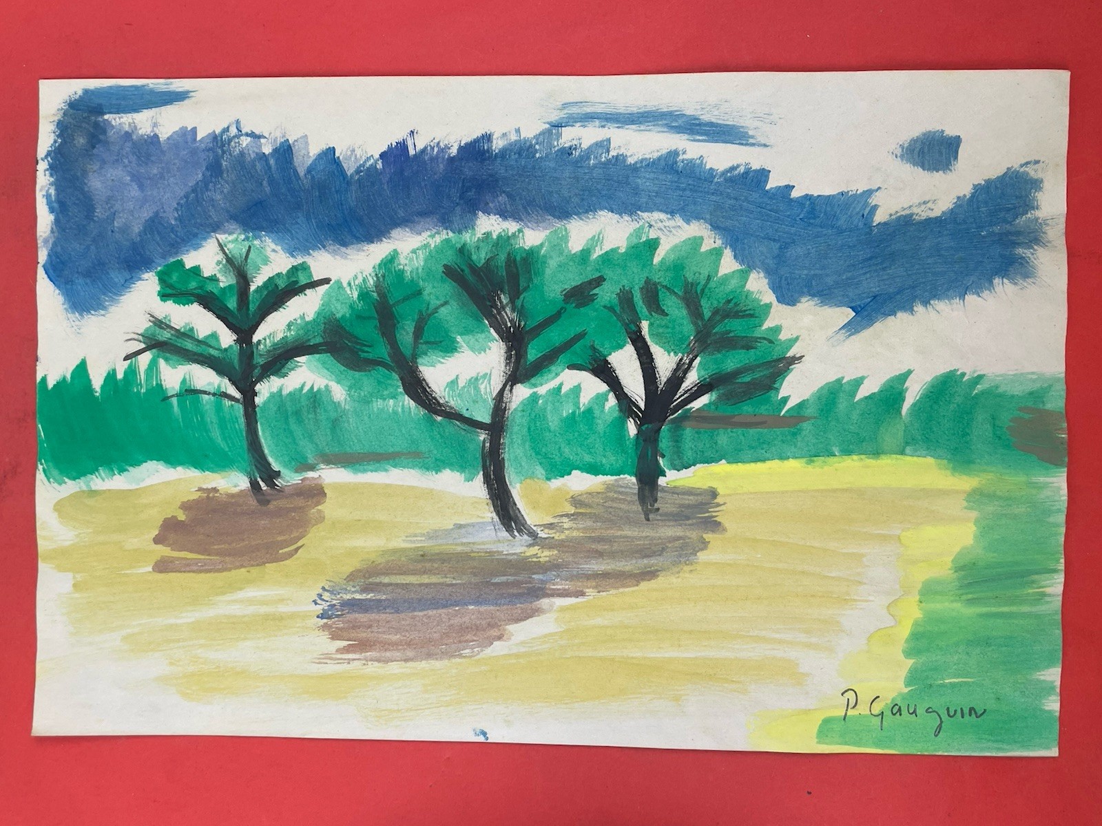 Paul Gauguin drawing and painting on old paper signed stamped vintage