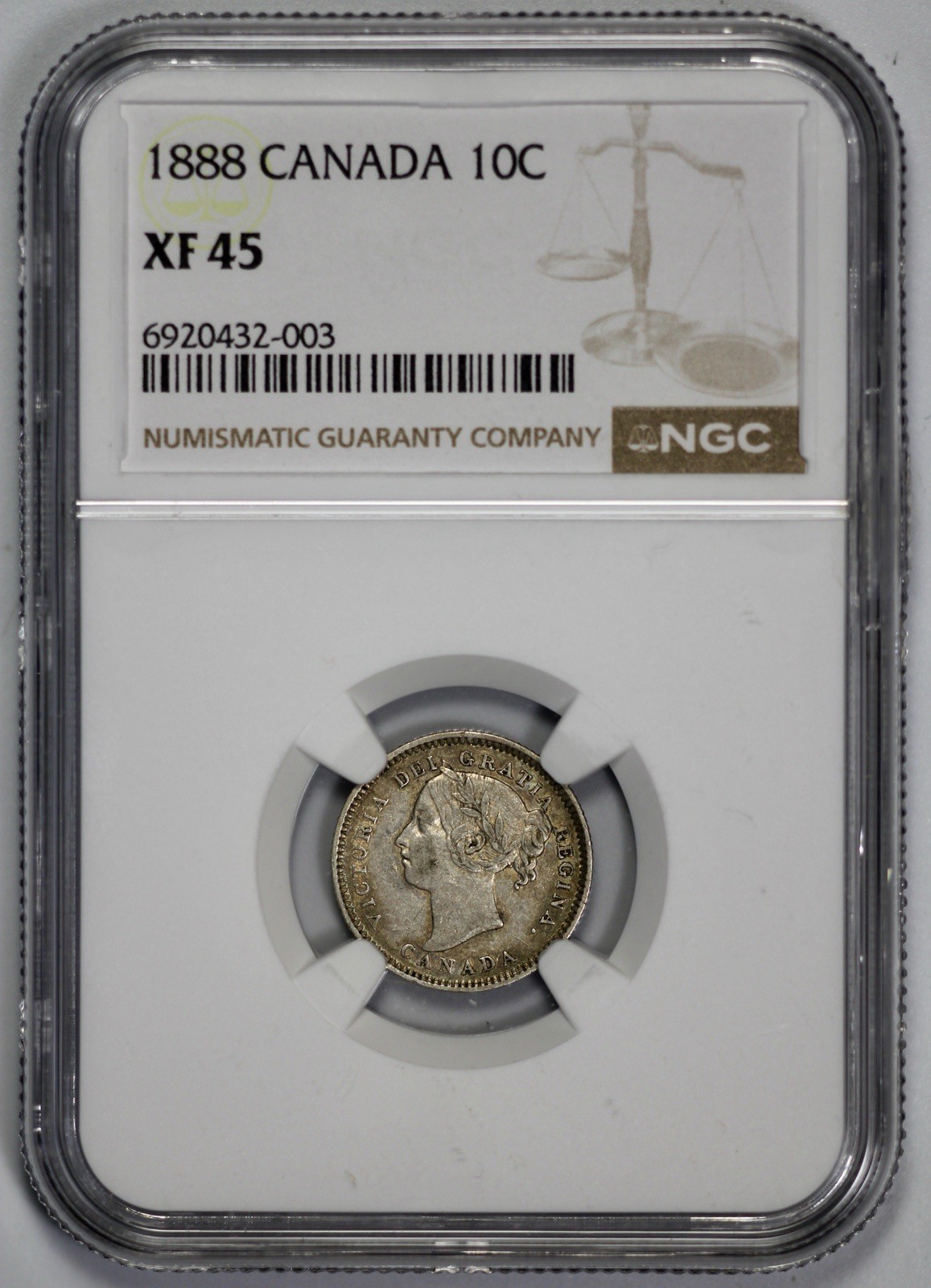 1888 Canada Silver 10 Cents NGC XF 45