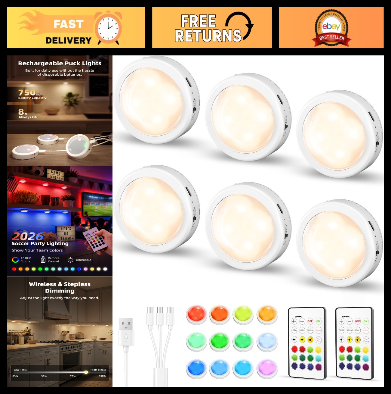 6-Pack Rechargeable Puck Lights with Remote - Dimmable RGB Under Cabinet Lightin