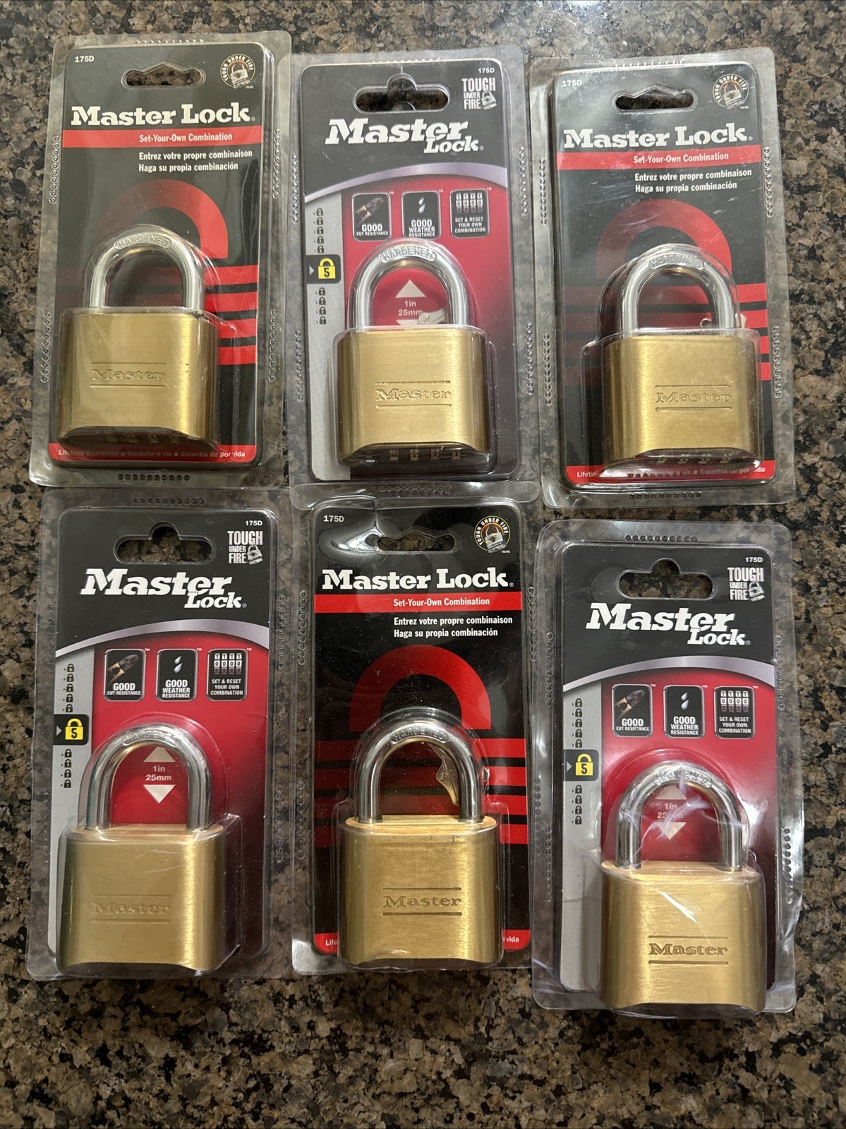 6x Master Lock Resettable Combination Padlock 2" wide Brass 175D