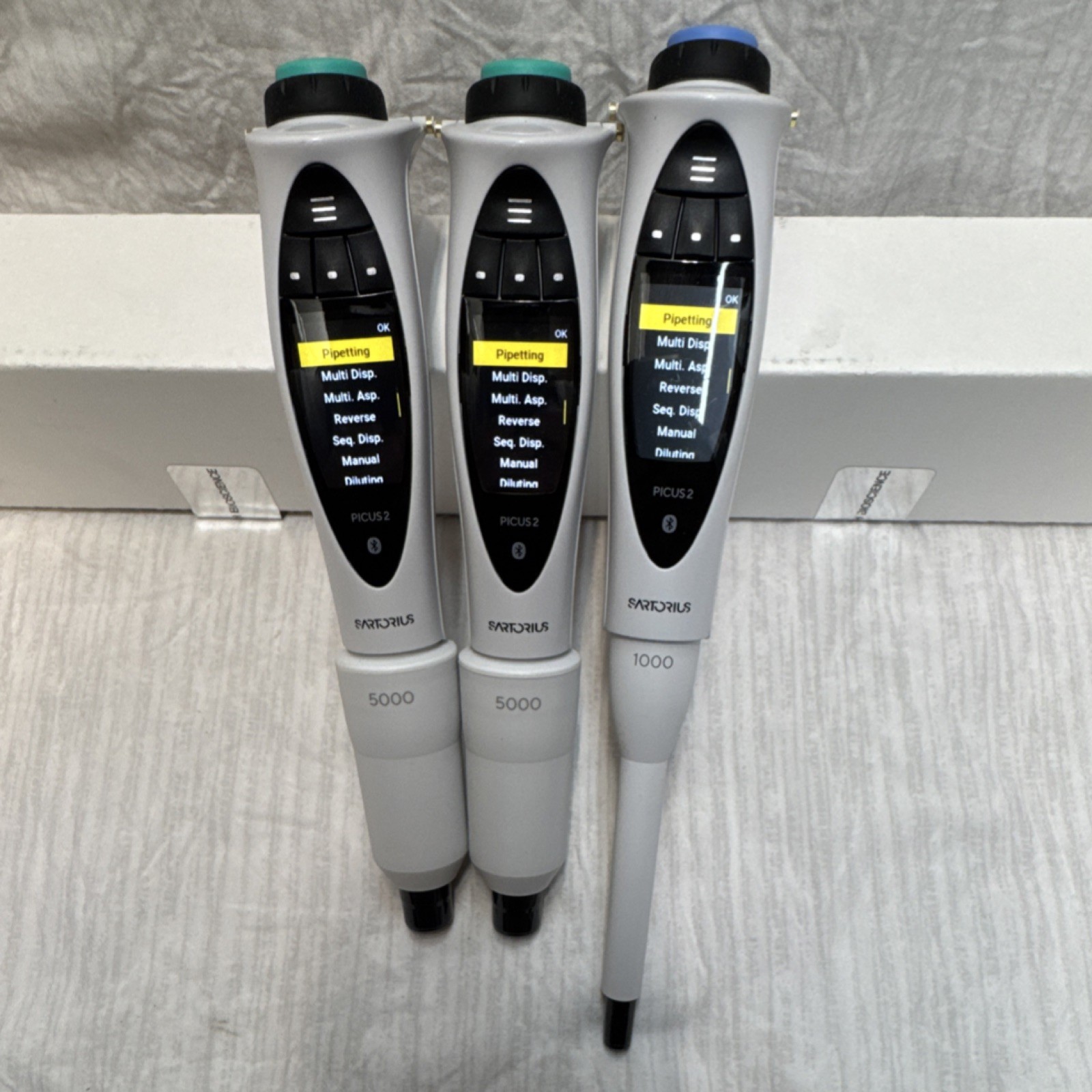 Sartorius Picus 2 Electronic Pipettors Set of 3, 5000 & 1000 for Laboratory Use