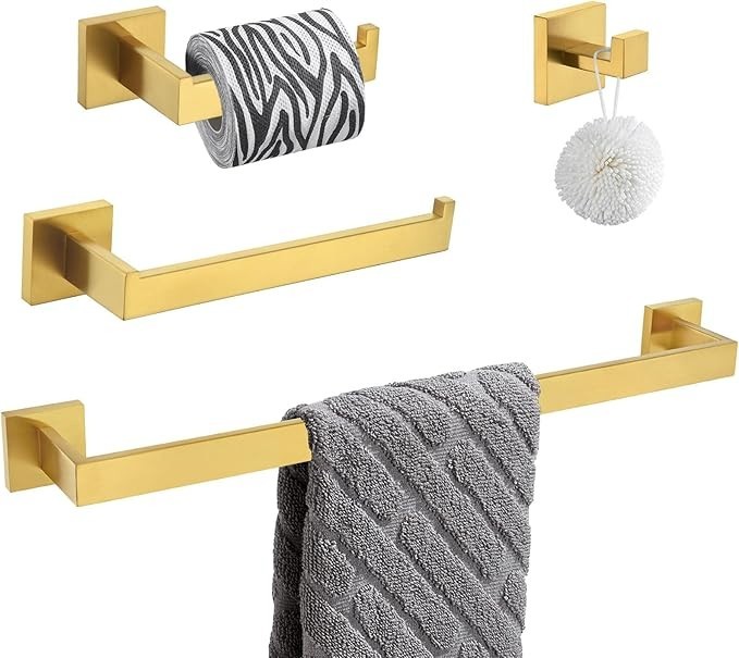 Matte Gold 4-Piece Complete Bathroom Accessory Set Towel Bar & Hardware Kit