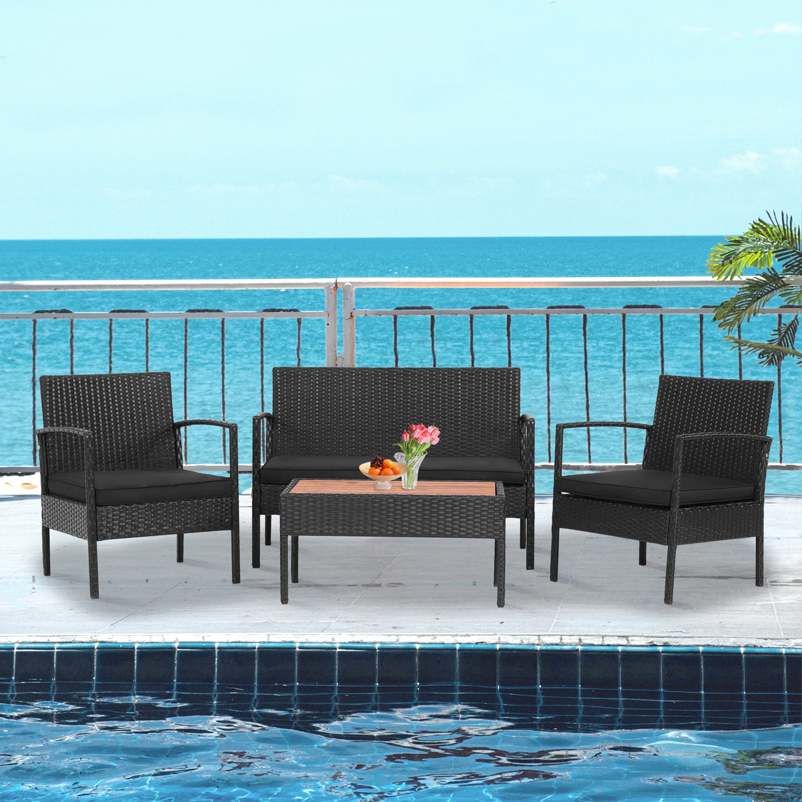 4PCS Rattan Patio Conversation Furniture Set Outdoor Sofa Set w/ Black Cushions