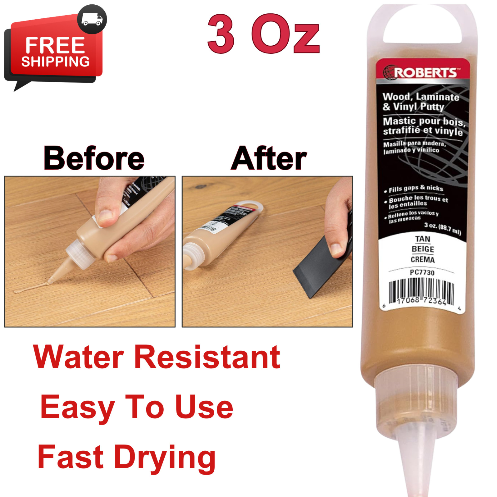 Repair Putty for Wood, Laminate and Vinyl Tan Color, 3 oz, Fills Cracks and Gaps