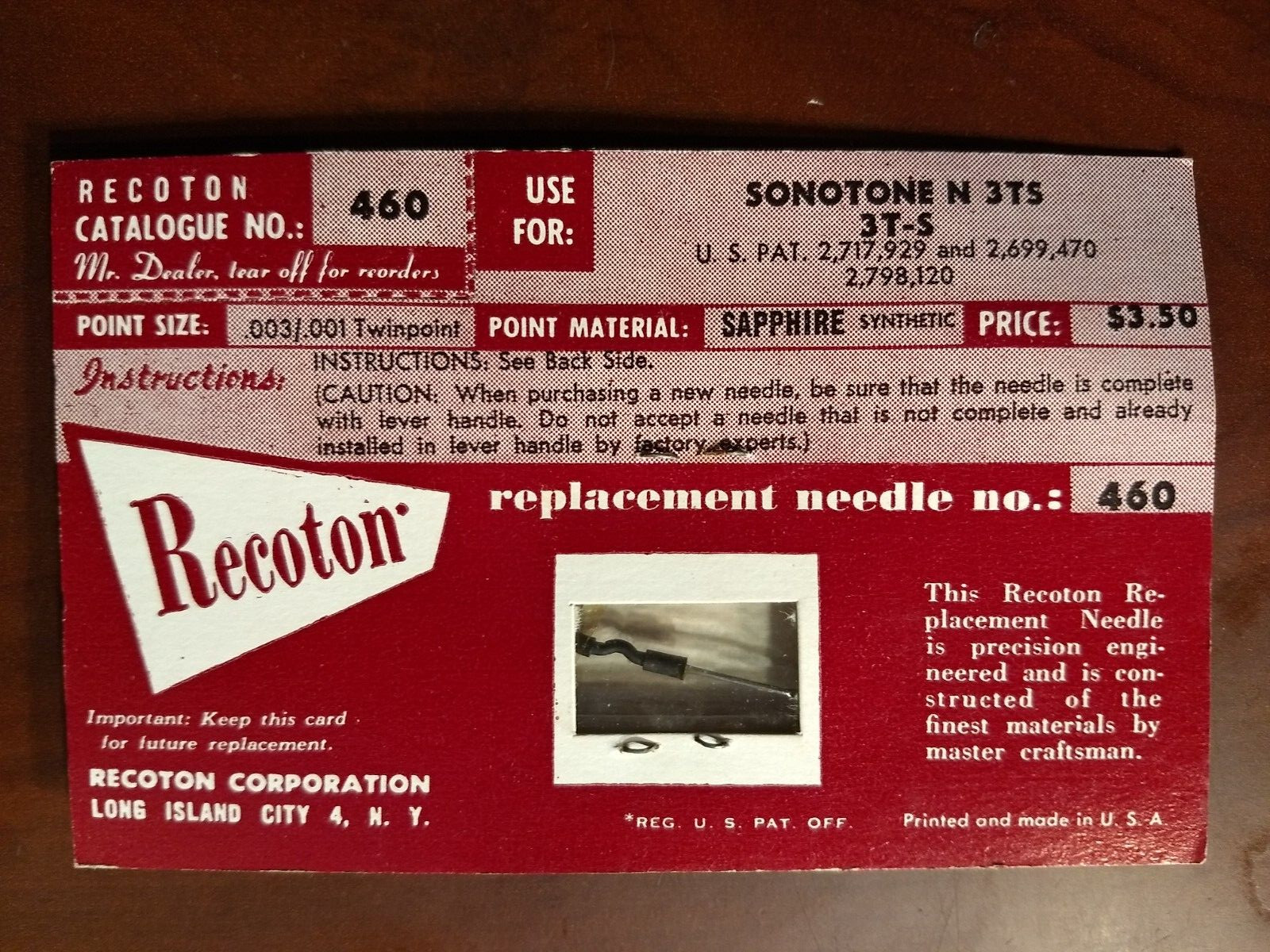 new NOS Recoton 460 Needle .001 Microgroove SAPPHIRE FITS ASTATIC SONOTONE