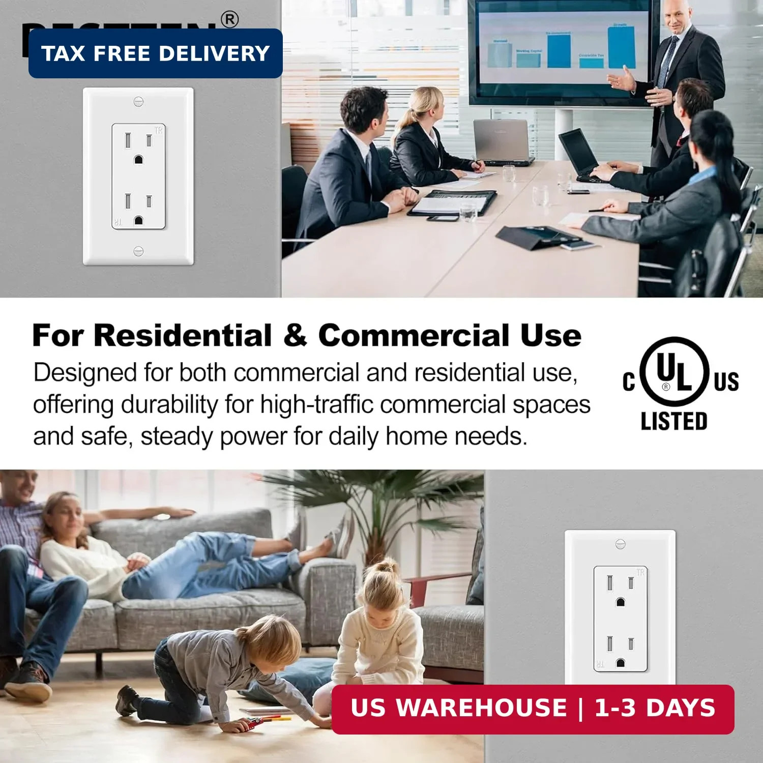 20 Pack 15 Amp Tamper Resistant Decor Receptacle, Standard Electrical Wa