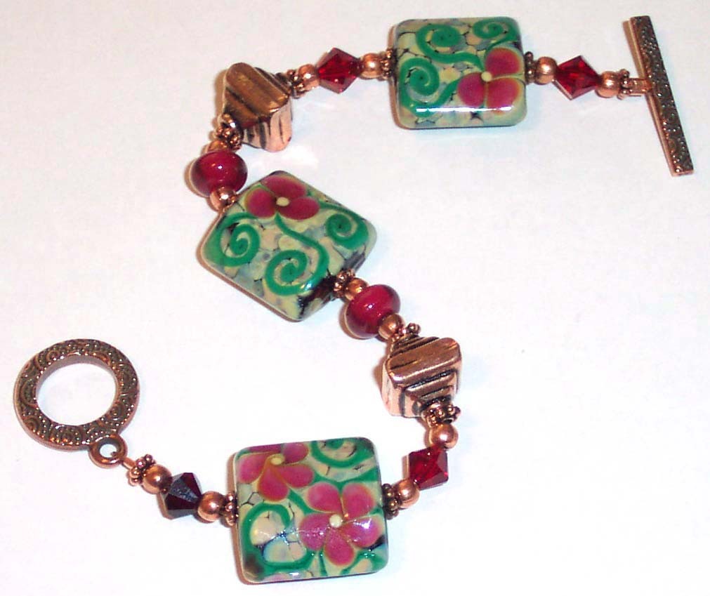 *SUMMER ROSE* Artisan Lampwork Crystal Copper Bracelet