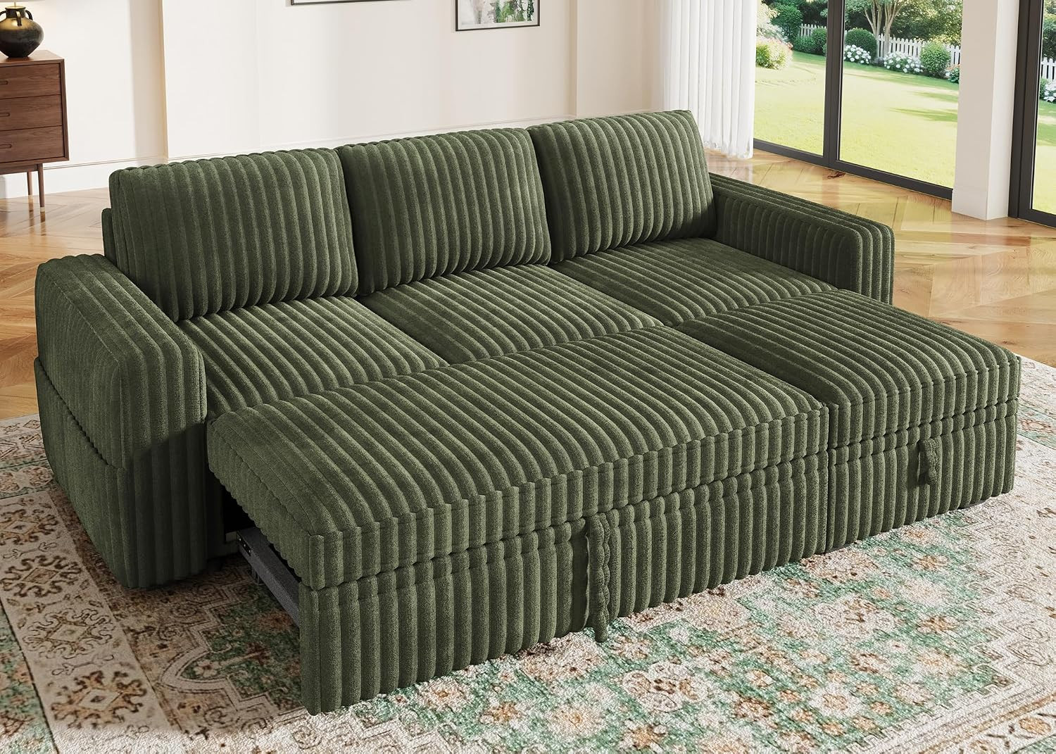 Modular Sectional Sofa with Pull Out Bed,Corduroy L Shaped Sleeper Sofa with Sto
