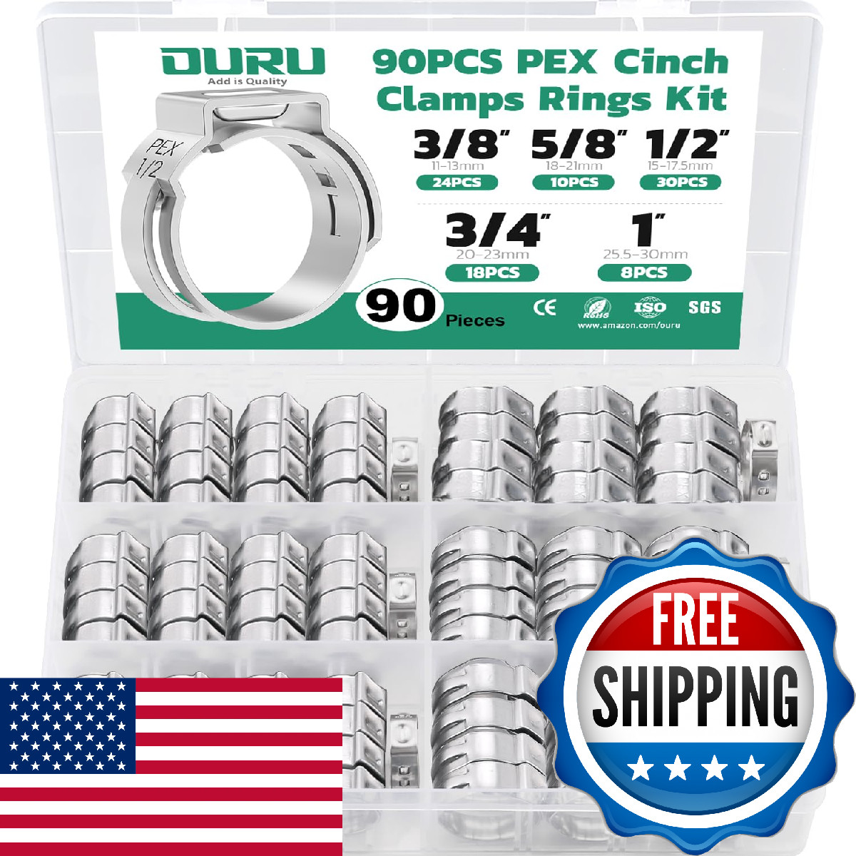 OURU 90PCS Pex Crimp Rings Assortment 304 Stainless Steel Pex Clamps 3/8 1/2 3/4