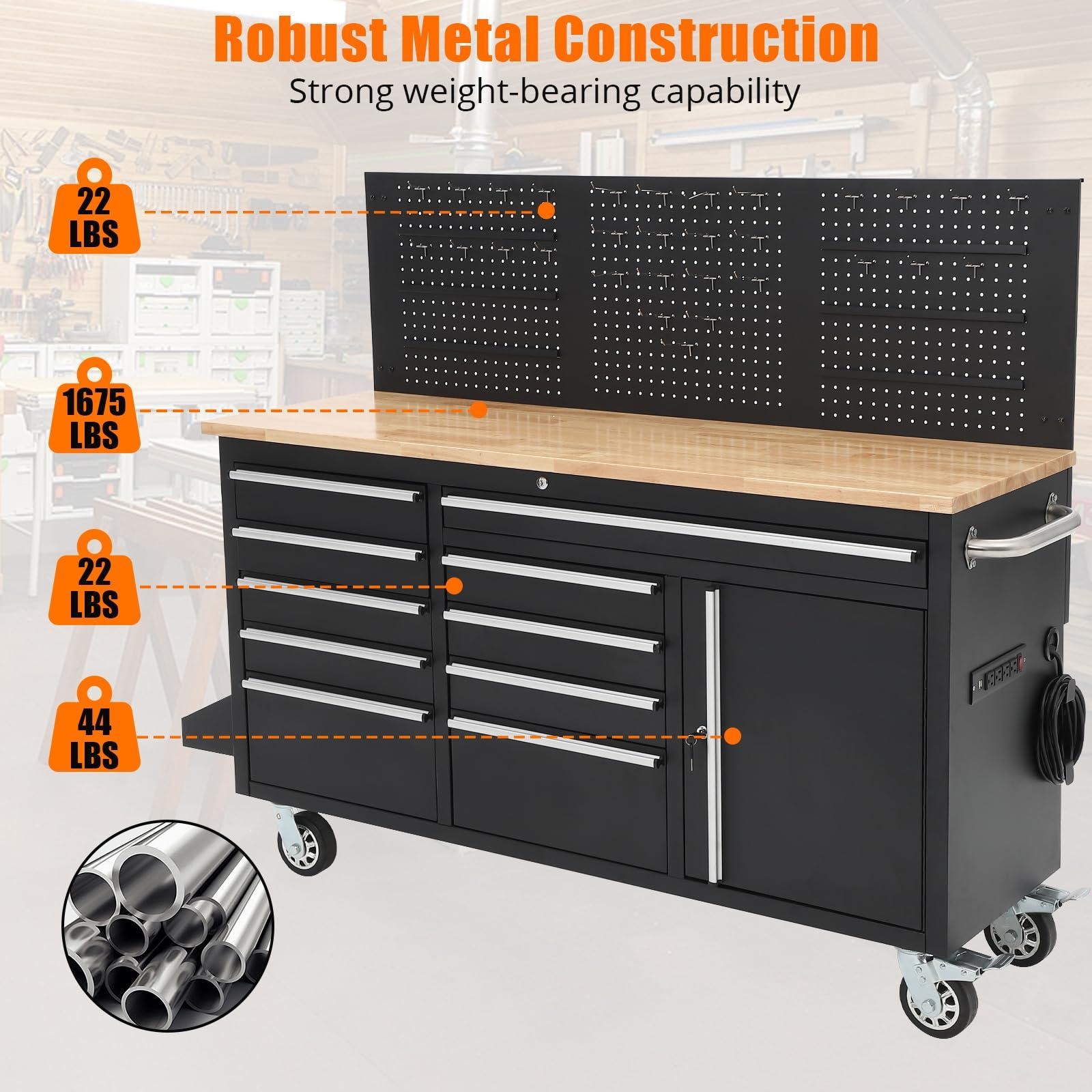 Workbench Rolling Tool Chest Heavy Duty Work Table with 10 Drawers and Pegboard
