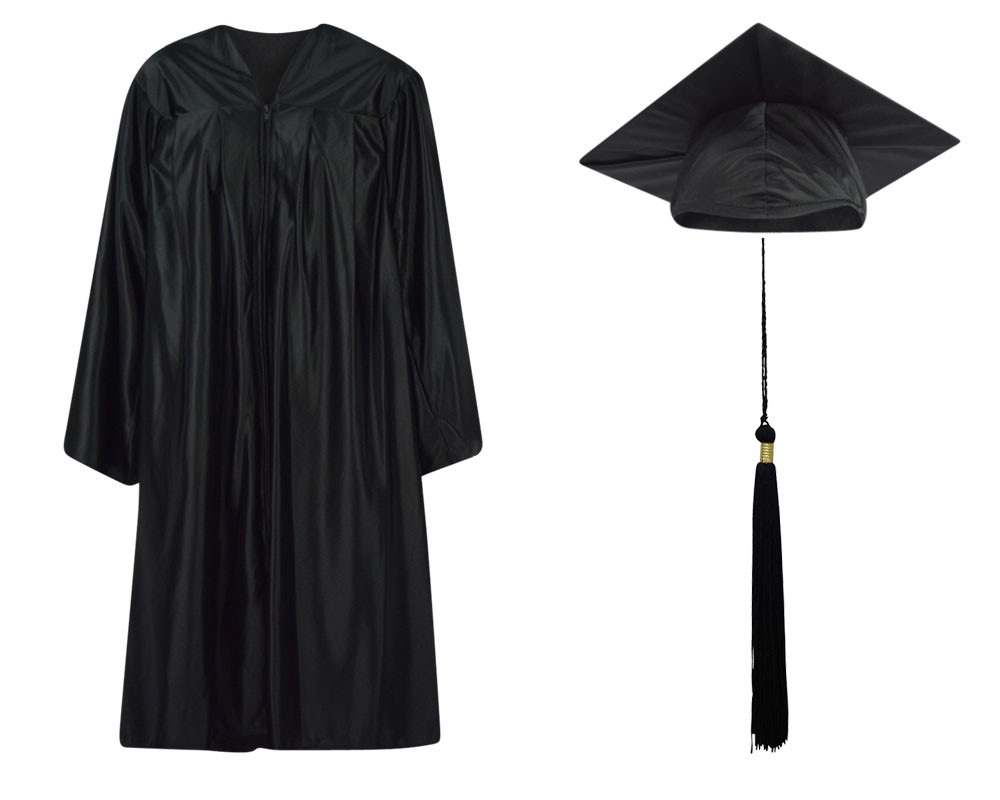 Black Shiny Graduation Cap Gown and Tassel - 13 sizes available