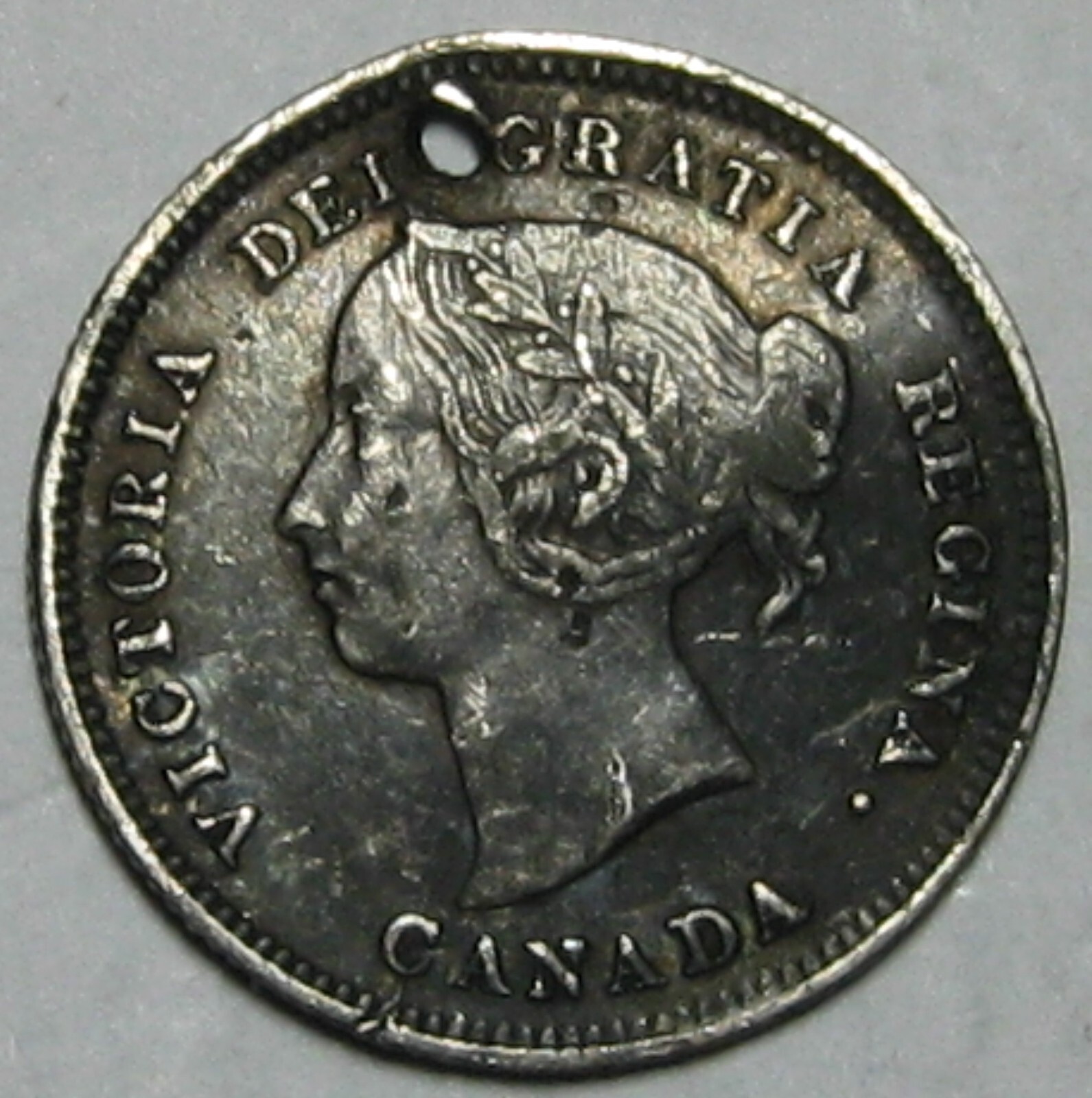 1889 CANADA FIVE CENT SILVER, VERY FINE (HOLED) !!!  FREE SHIPPING!!!