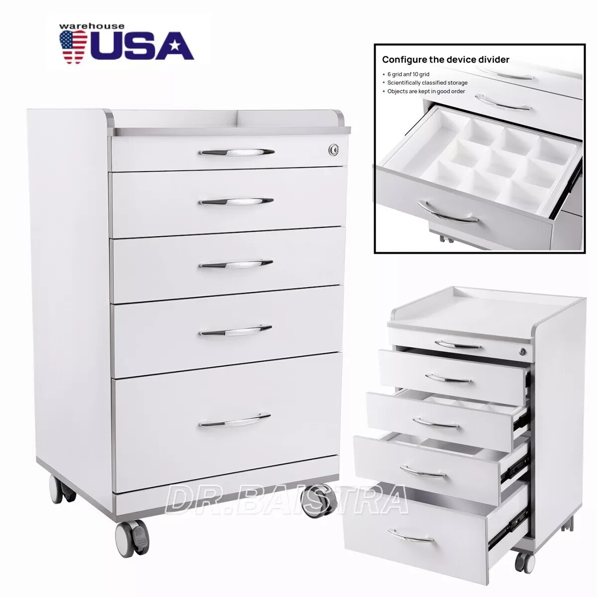 4 Drawers Dental Mobile Cabinet Side Cart Medical Utility Storage Cart