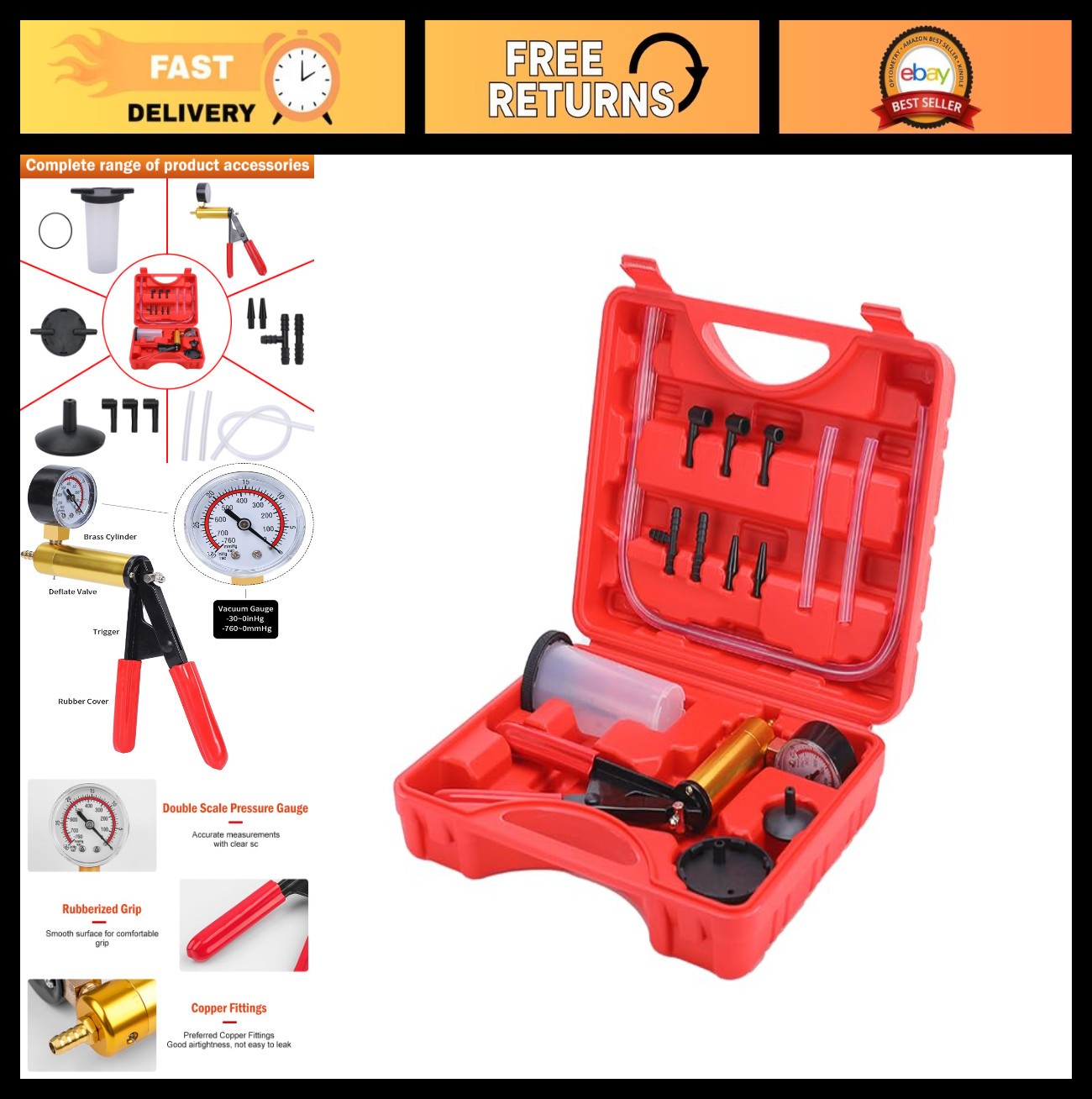 2-in-1 Brake Bleeder Kit with Hand Vacuum Pump & Gauge, Auto Fluid Bleeding Set