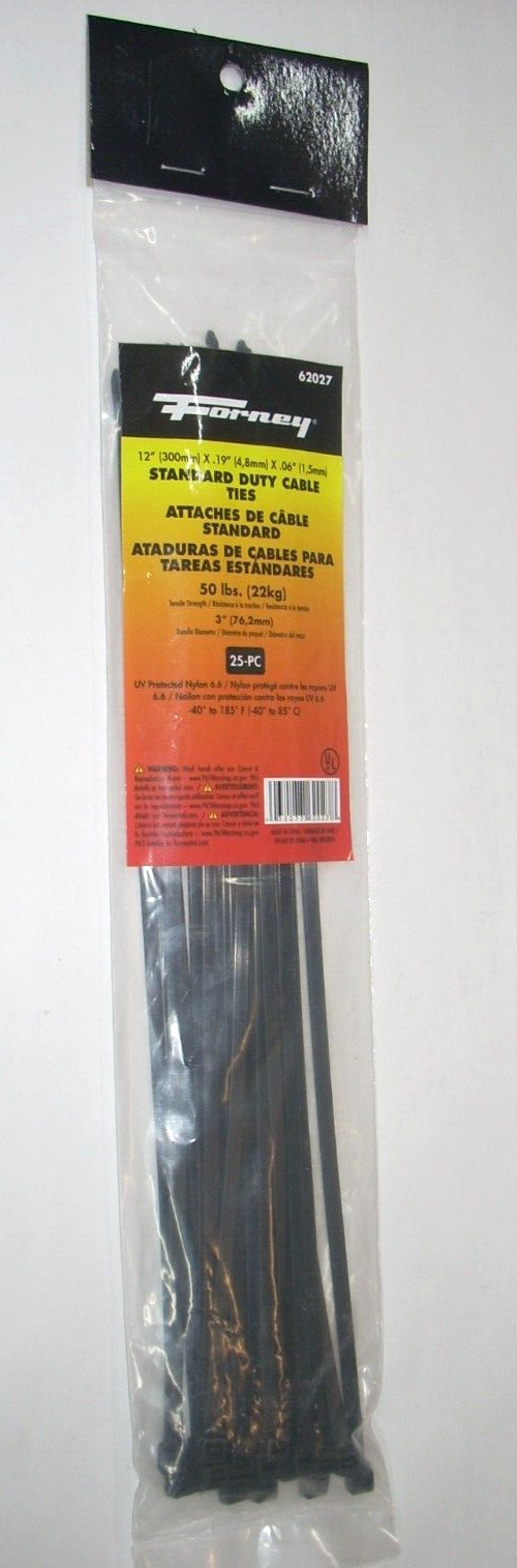Forney 62027 Standard Duty Black Cable Ties 12" Long Nylon 50 lb Capacity 25pk