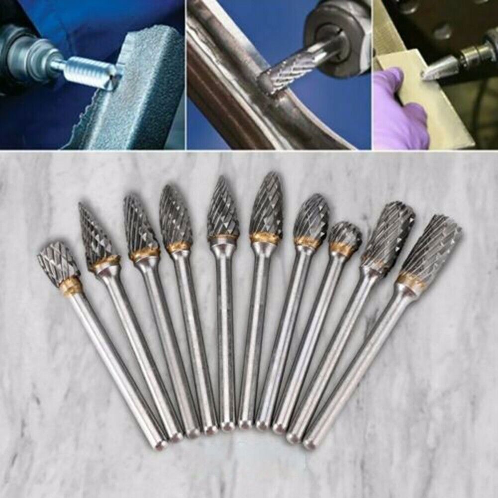 10 Pcs 1/4 Double-Cut Tungsten Steel Carbide Rotary Burr Die Grinder Shank-Bit