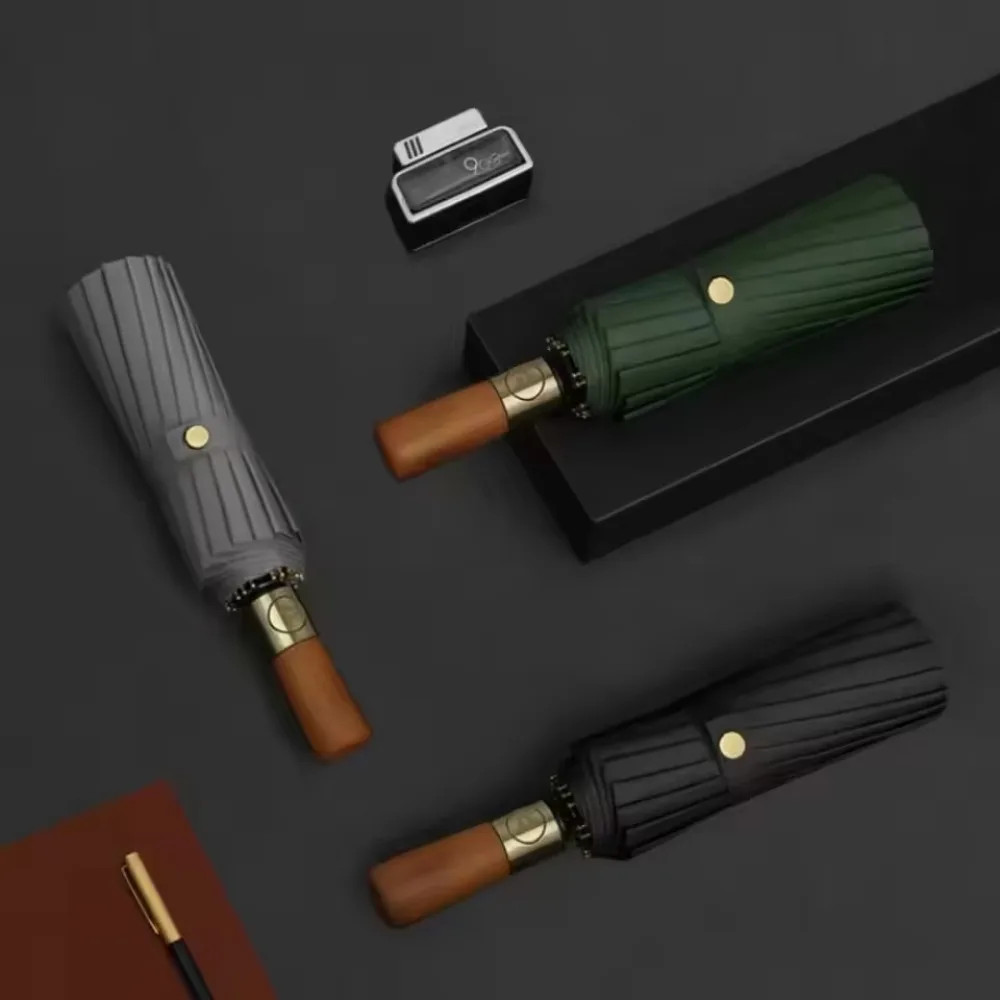 Automatic Folding Umbrella Extra Large Folded Umbrella Wooden Handle Durable and