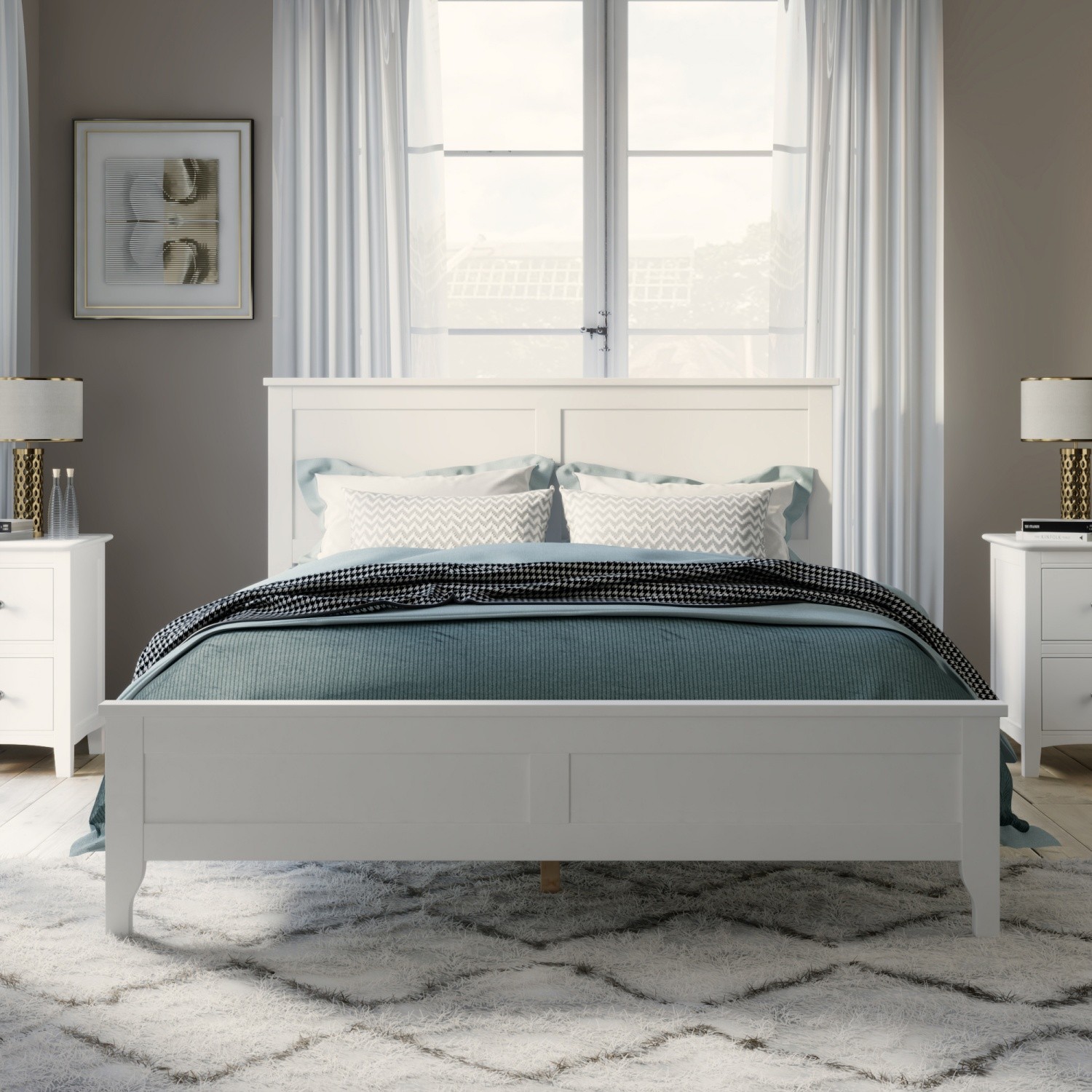 King/Full Size Platform Bed Frame Modern Wood Bedframe with Slats Support White