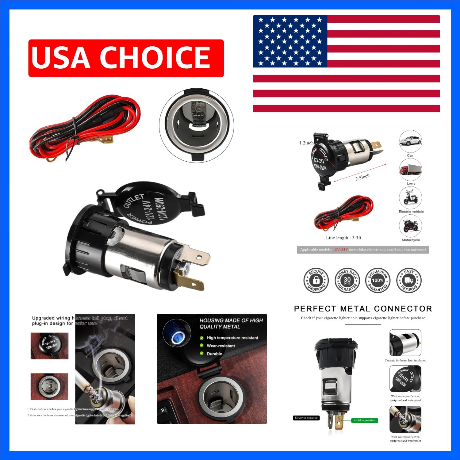 DC 12V Waterproof Cigarette Lighter Power Adapter with Cable, Universal Cigar...