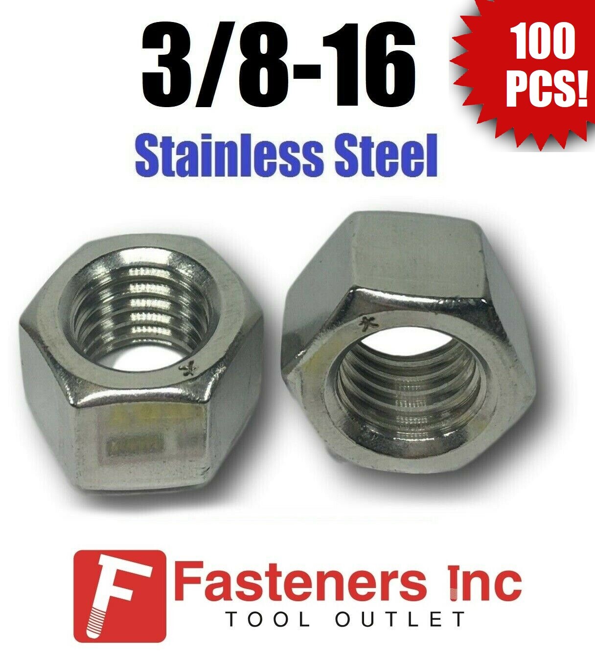 (Qty 100) 3/8-16 Stainless Steel Finished Hex Nuts 304 / 18-8 3/8"-16
