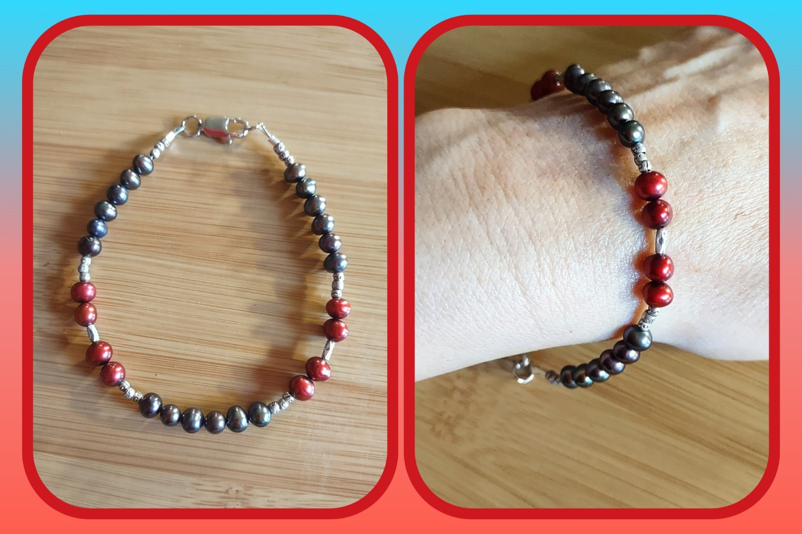 Artist Handmade Natural Pearl & Sterling Silver Bracelet Red & Gray Medium