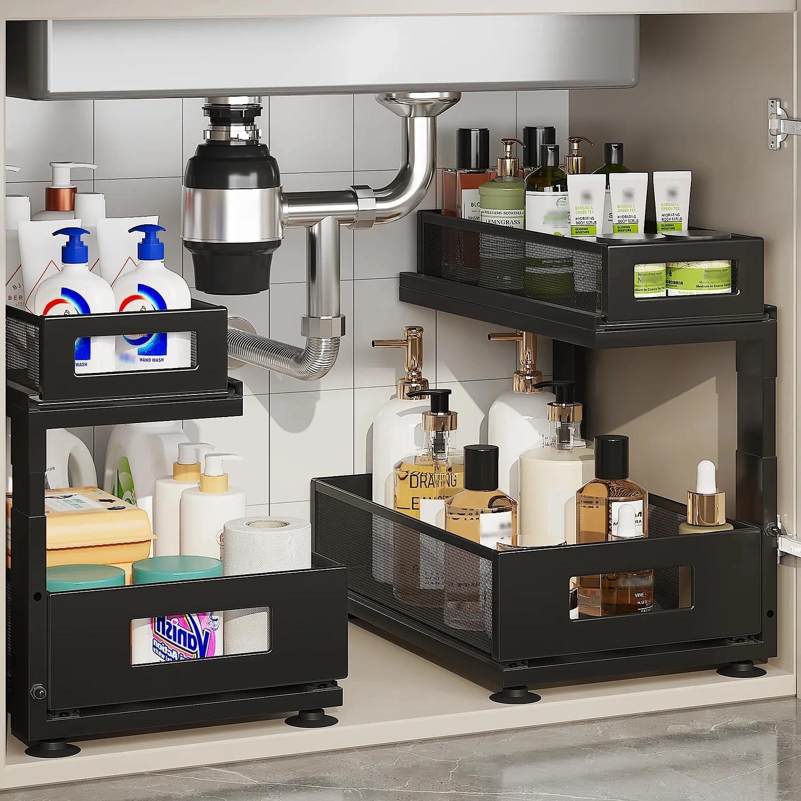 2 Pack Under Sink Organizer with Next-Gen Ball-Bearing Slides,2-Tier Pull Out...