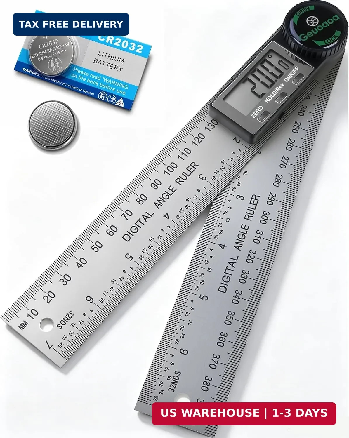 Digital Angle Finder Tool Stainless Steel, 2 Batteries Protractor, 7inch/200mm A