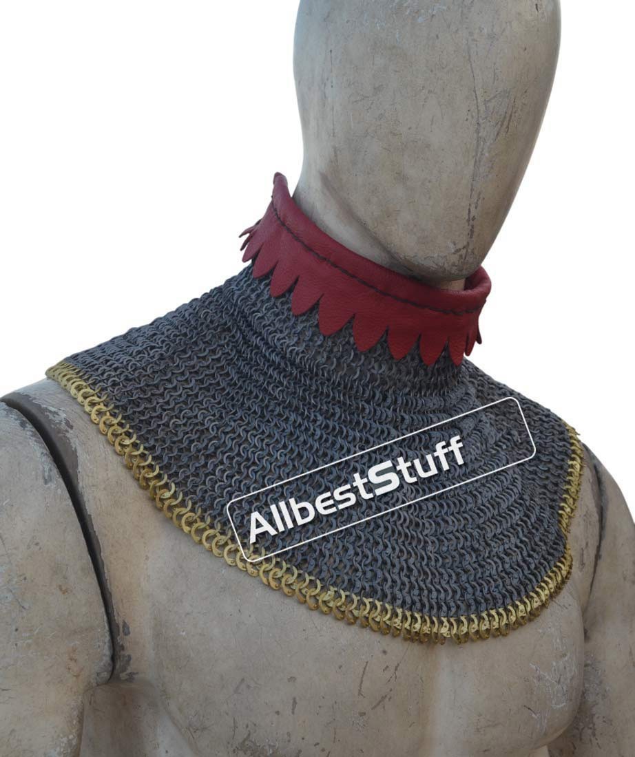 6 MM High Neck Chainmail Collar with Red Leather
