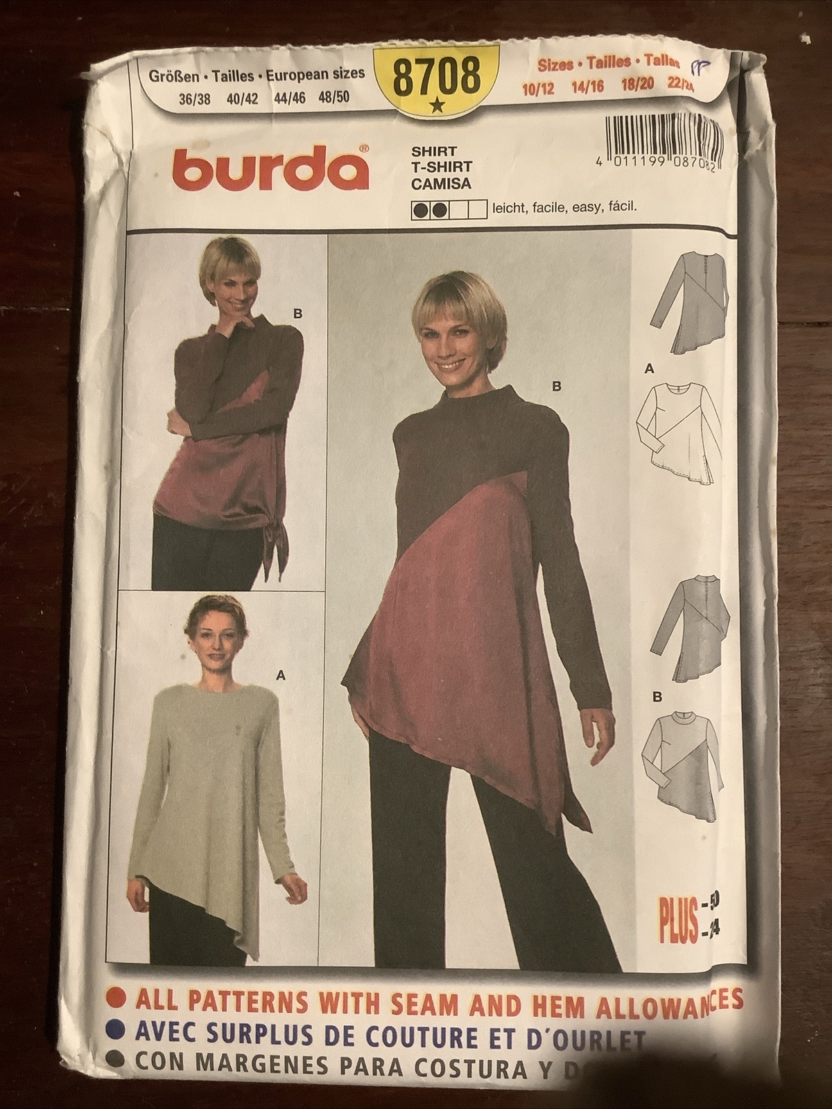 New BURDA Misses Shirt Top Jumper Pattern No. 8708  Size 10/12 - 22/24