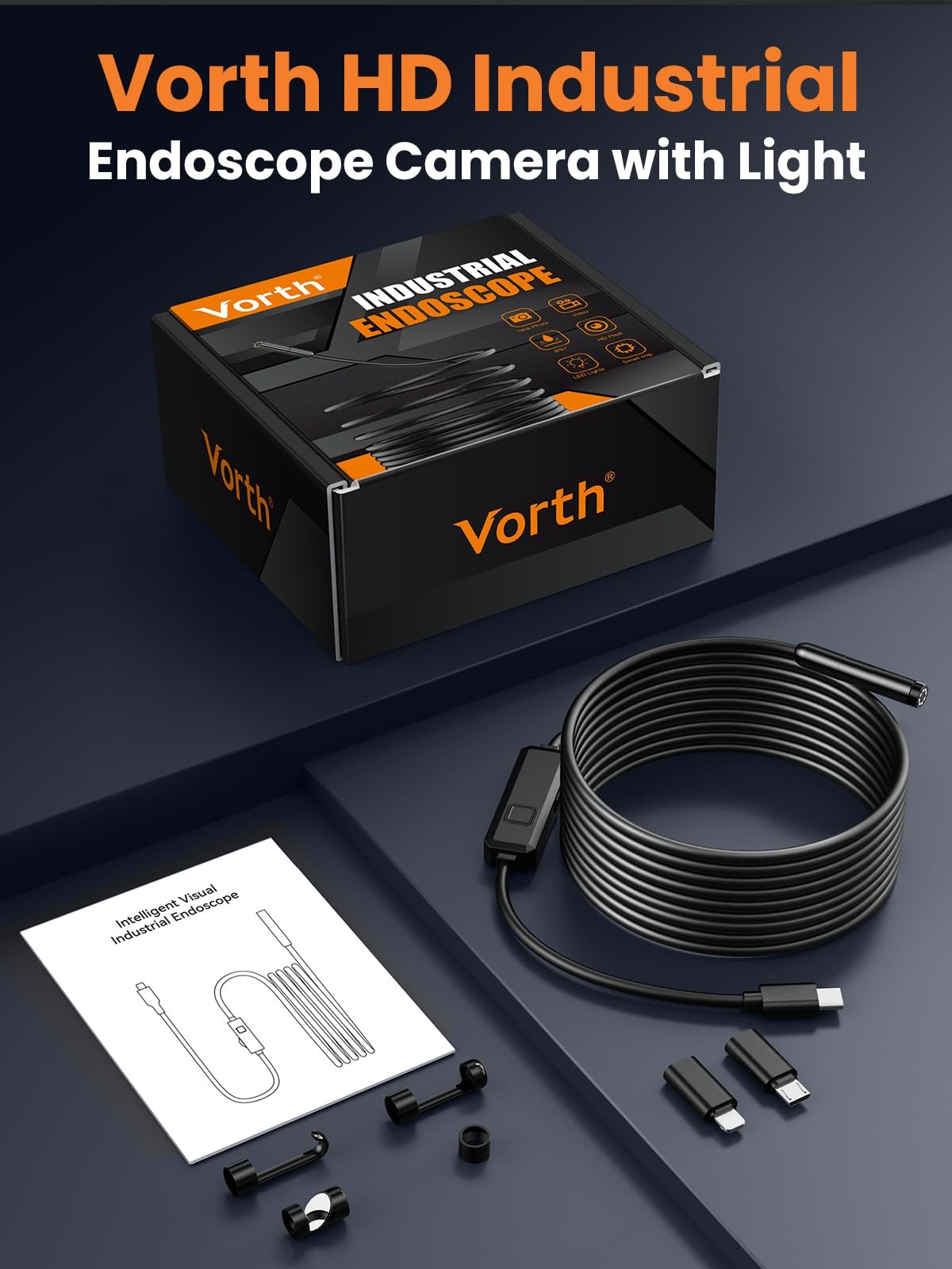 Vorth Endoscope Camera with Light, 1920P HD Borescope 8 16.5 FT, black