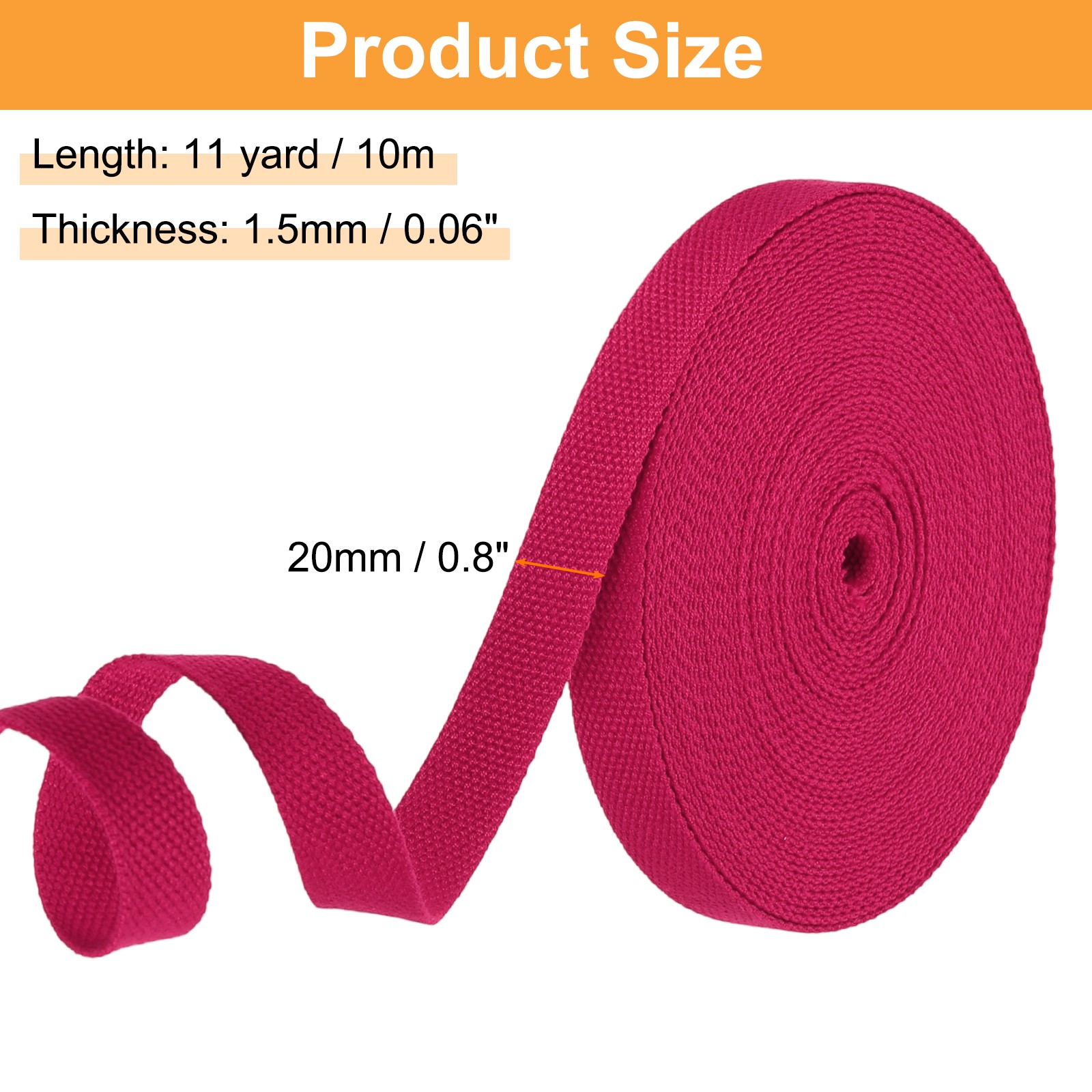 Cotton Webbing 0.8 Inch 11 Yard Polyester Cotton Webbing Strap, Rose Red