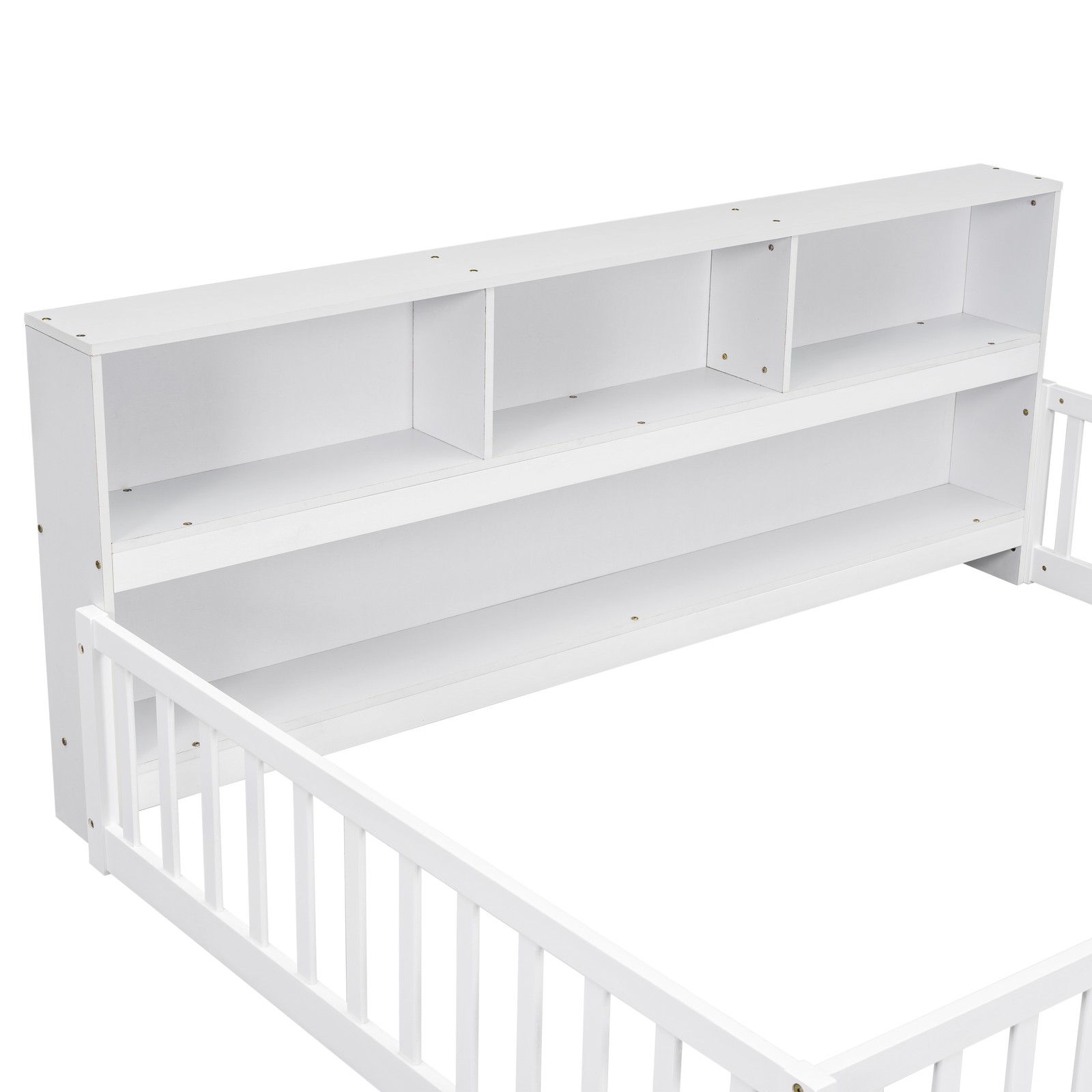 Full Size Floor Bed w/ Bookcase & Guardrails, White, Sturdy Pine Frame