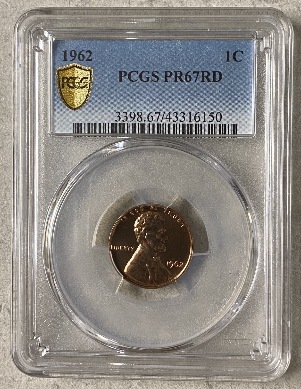 1962 1C Proof Lincoln Cent, PCGS PR67RD, Gold Shield