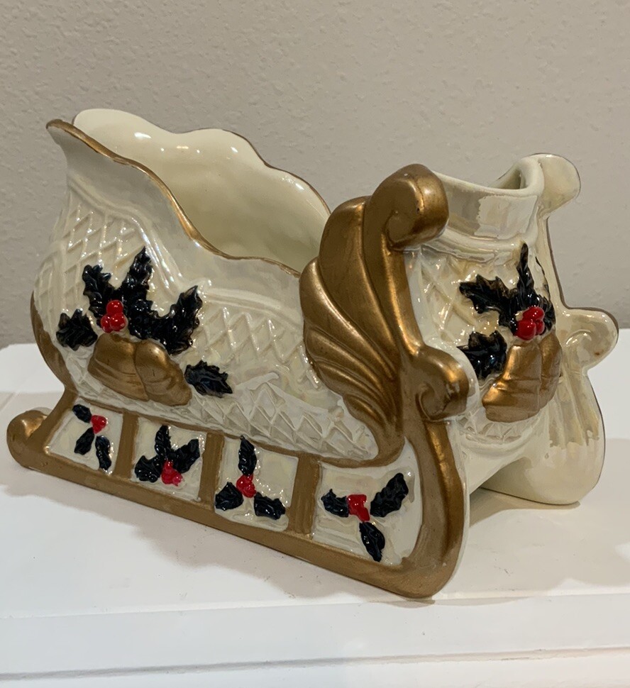 Vtg Christmas Sleigh Cream Gold Bell Holly Berries Xmas Christmas Winter Planter