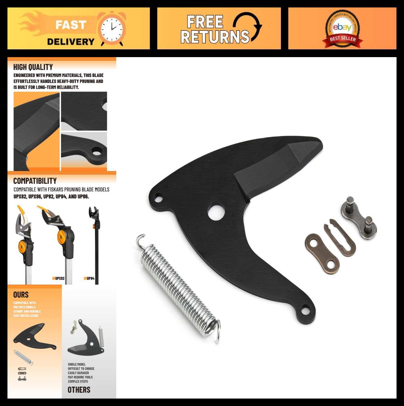 Black Branch Cutter Blade for Fiskars UPX82 UPX86 UP82 UP84 UP86 - Includes Spri