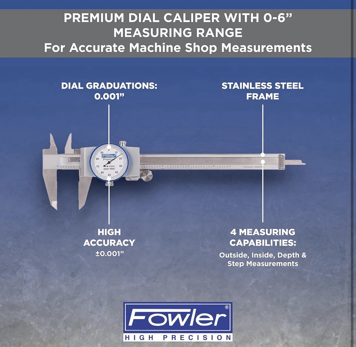 Fowler 52-008-706-0, Premium Dial Caliper With 0-6" Measuring Range (White)