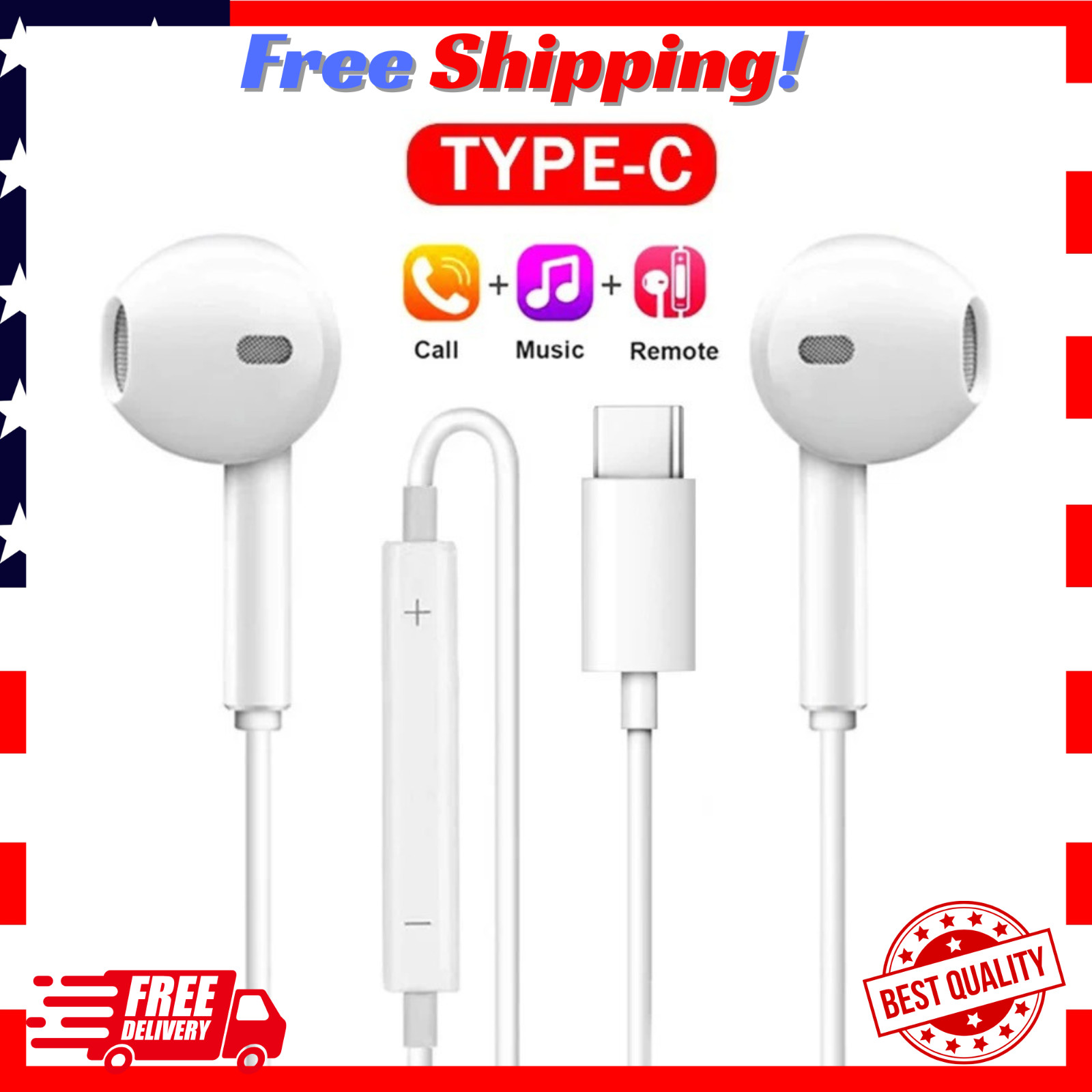 USB-C Type C Wired Headphones Earbuds for iPhone 16 15 Pro Max Plus, Samsung New