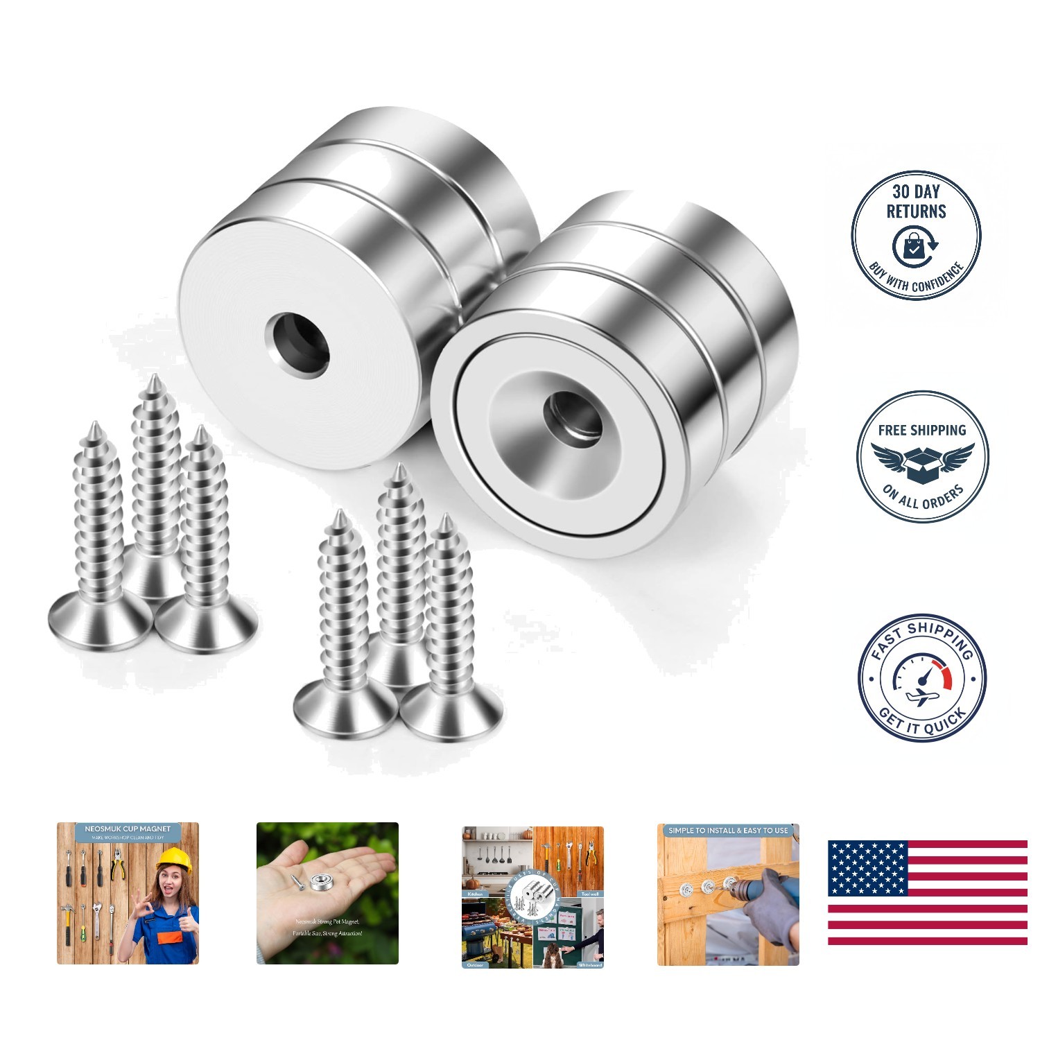 Strong Neodymium Mounting Magnets – 40lbs Pull Force with Screws, 6 Pack