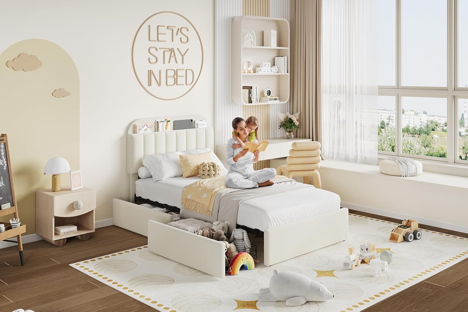 Beige Twin Size Bed Frame Upholstered Platform Bed with Headboard & 2 Drawers