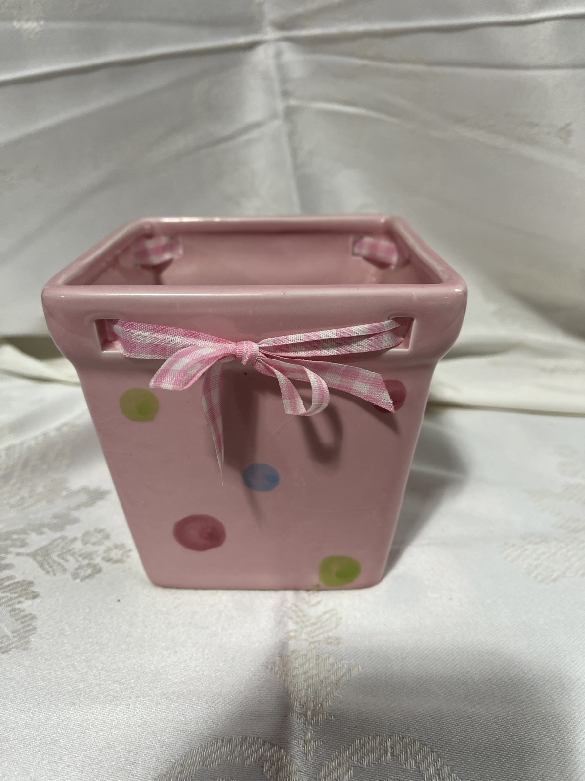 Pink Square Planter With Dots And Checkered Ribbon