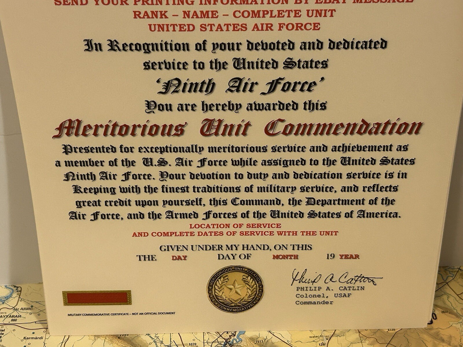 U.S. AIR FORCE / 9TH AIR FORCE - MERITORIOUS UNIT COMMENDATION CERTIFICATE