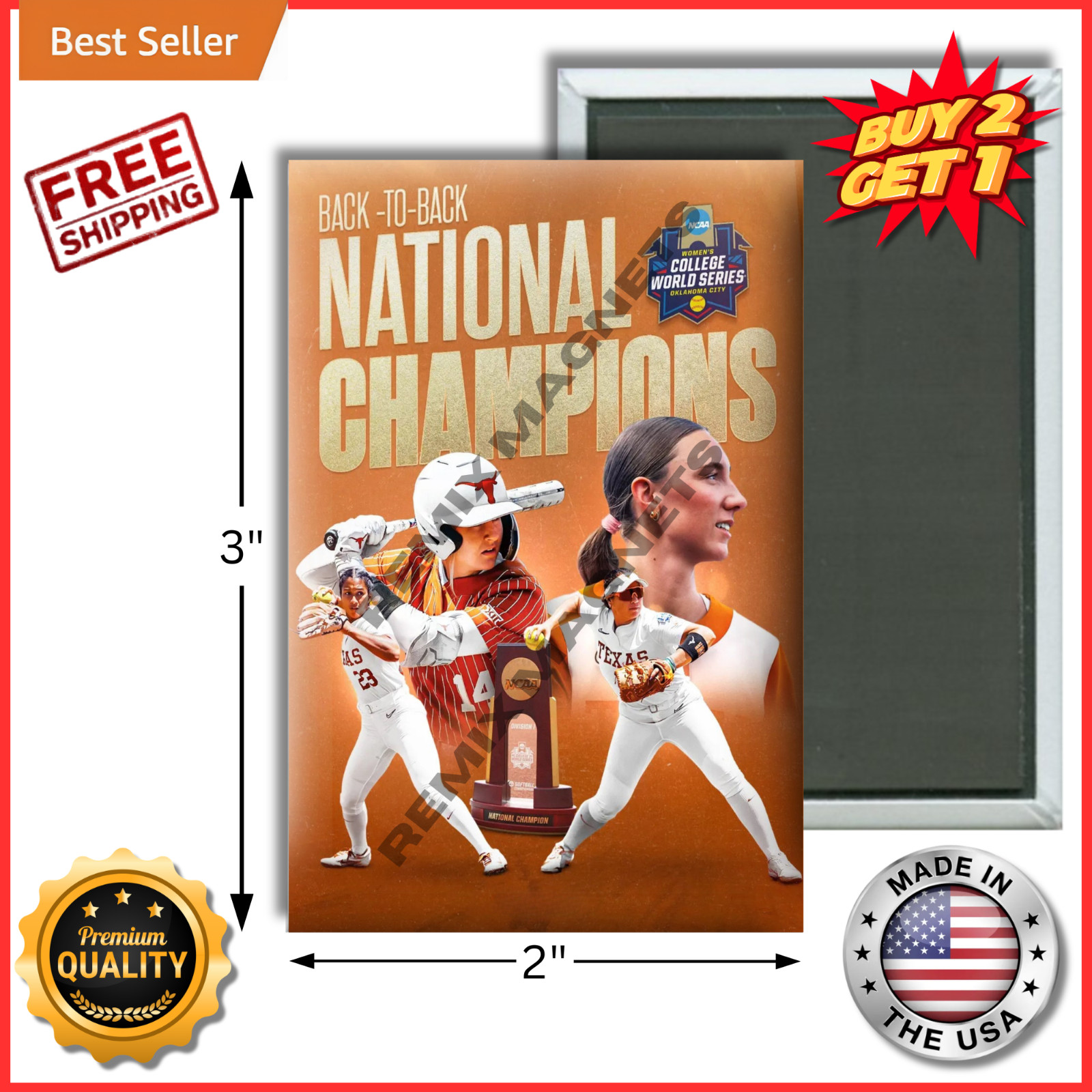 2026 NCAA Women's Softball National Champions Texas Longhorns  2" x 3" Magnet