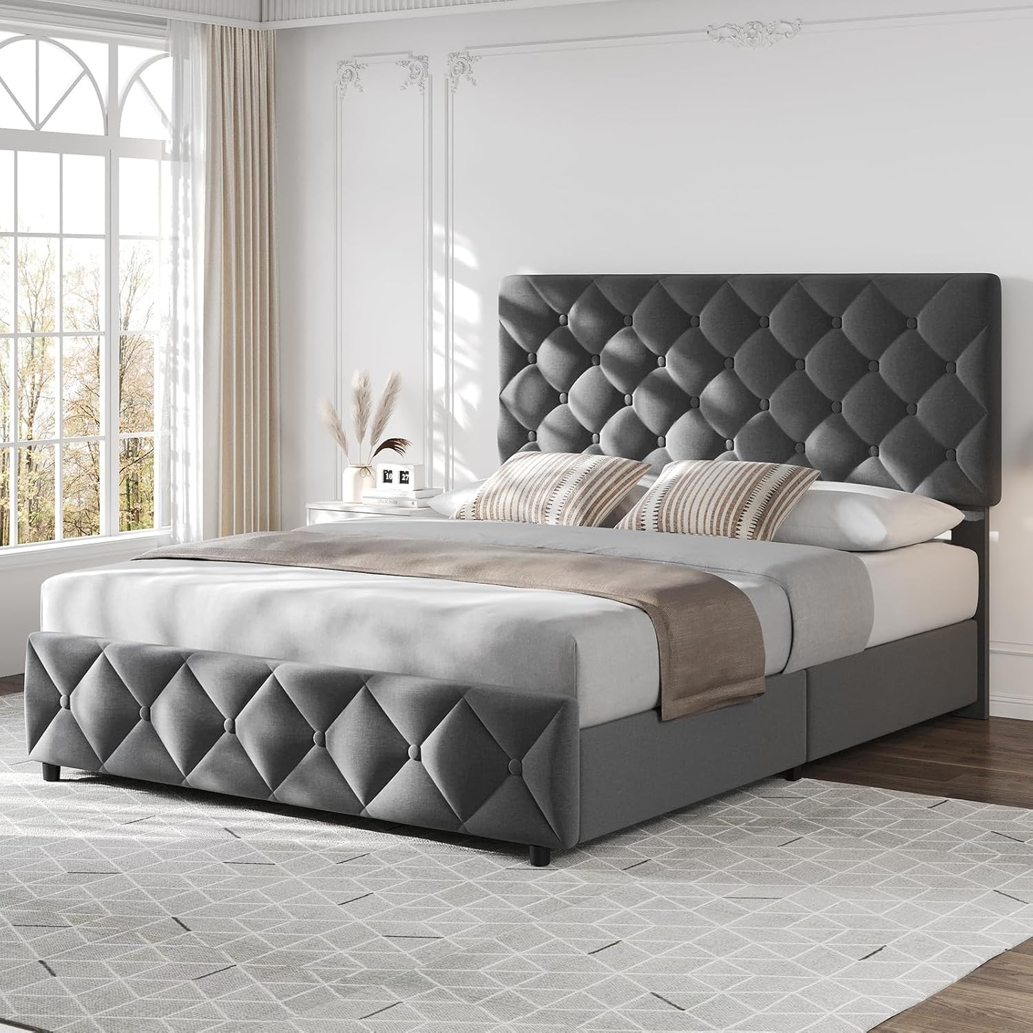 Full Size Bed Frame with Diamond Button Tufted and 4 Storage Drawers for Bedroom