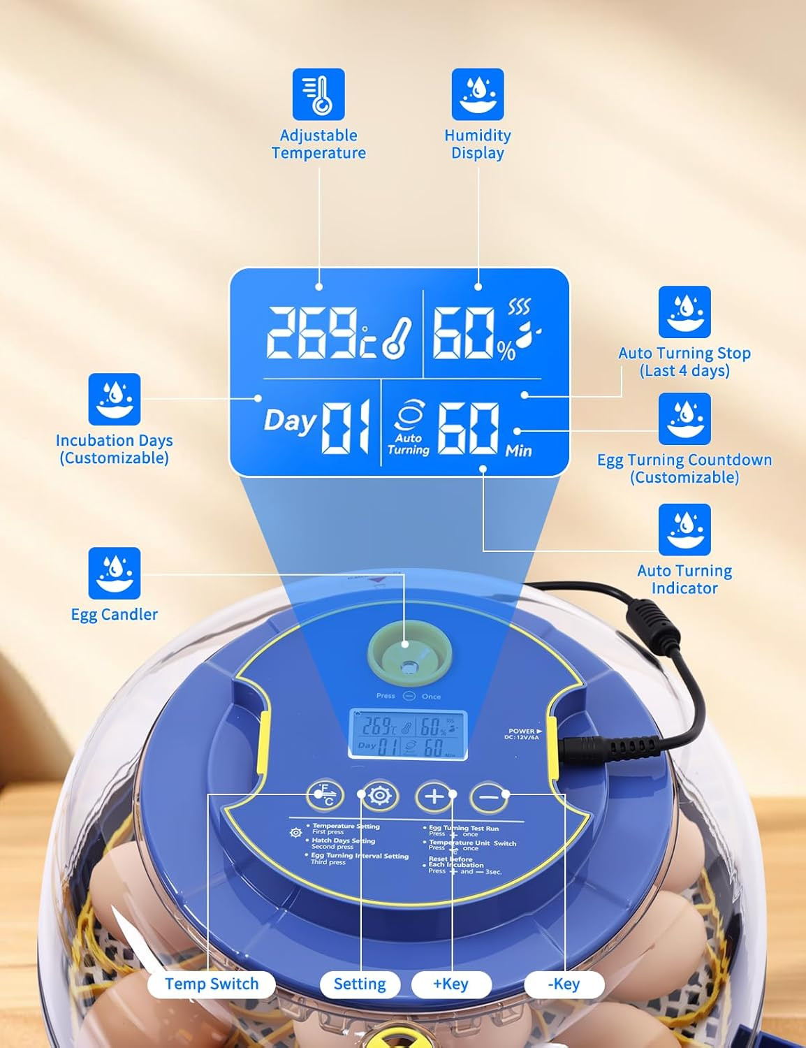 18-Egg 360° Panoramic Egg Incubator with Automatic Egg Turning and Humidity Cont